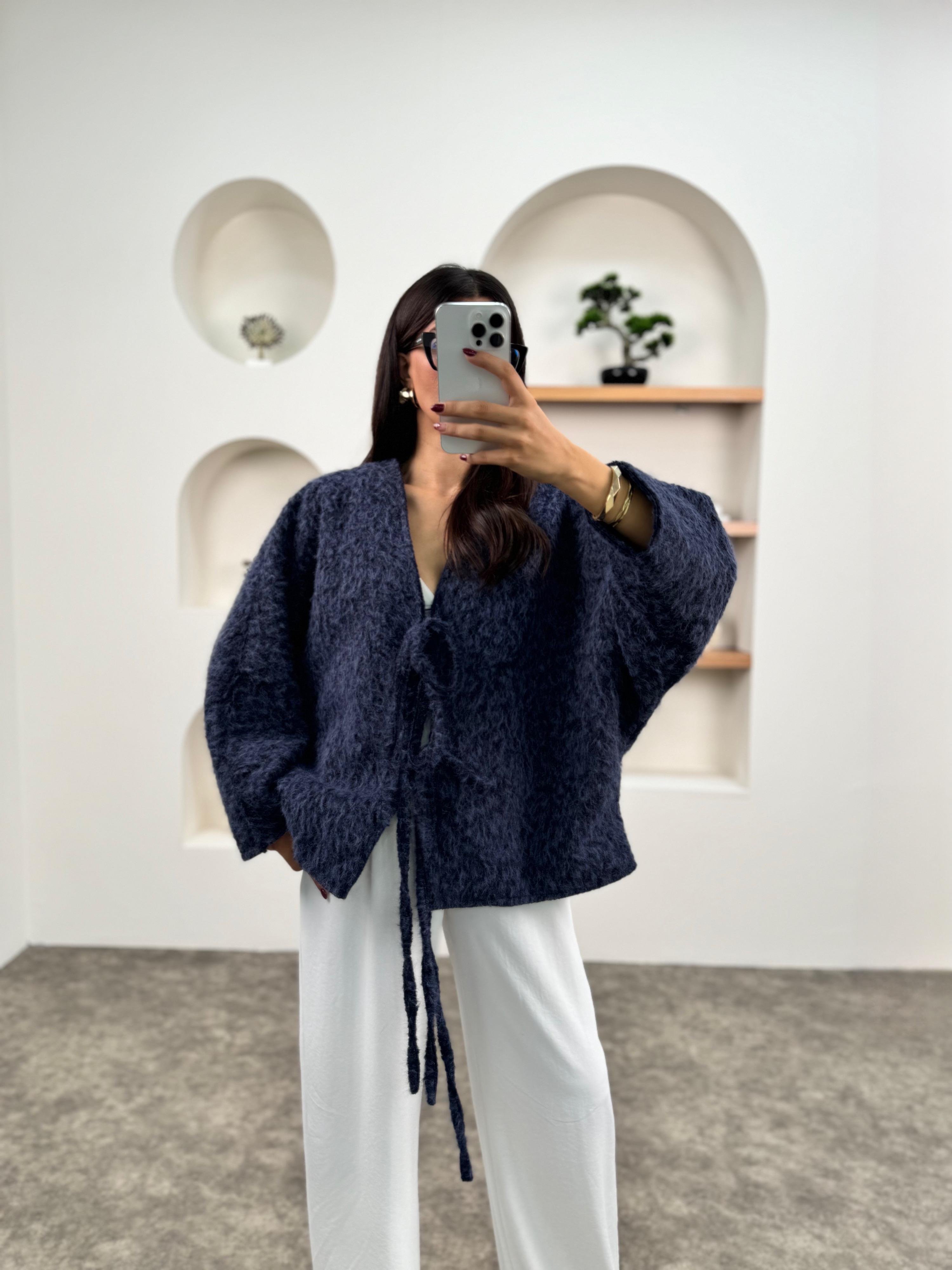 Loren Lacivert Kırçıllı Astarlı Önden Bağlamalı Premium Ceket