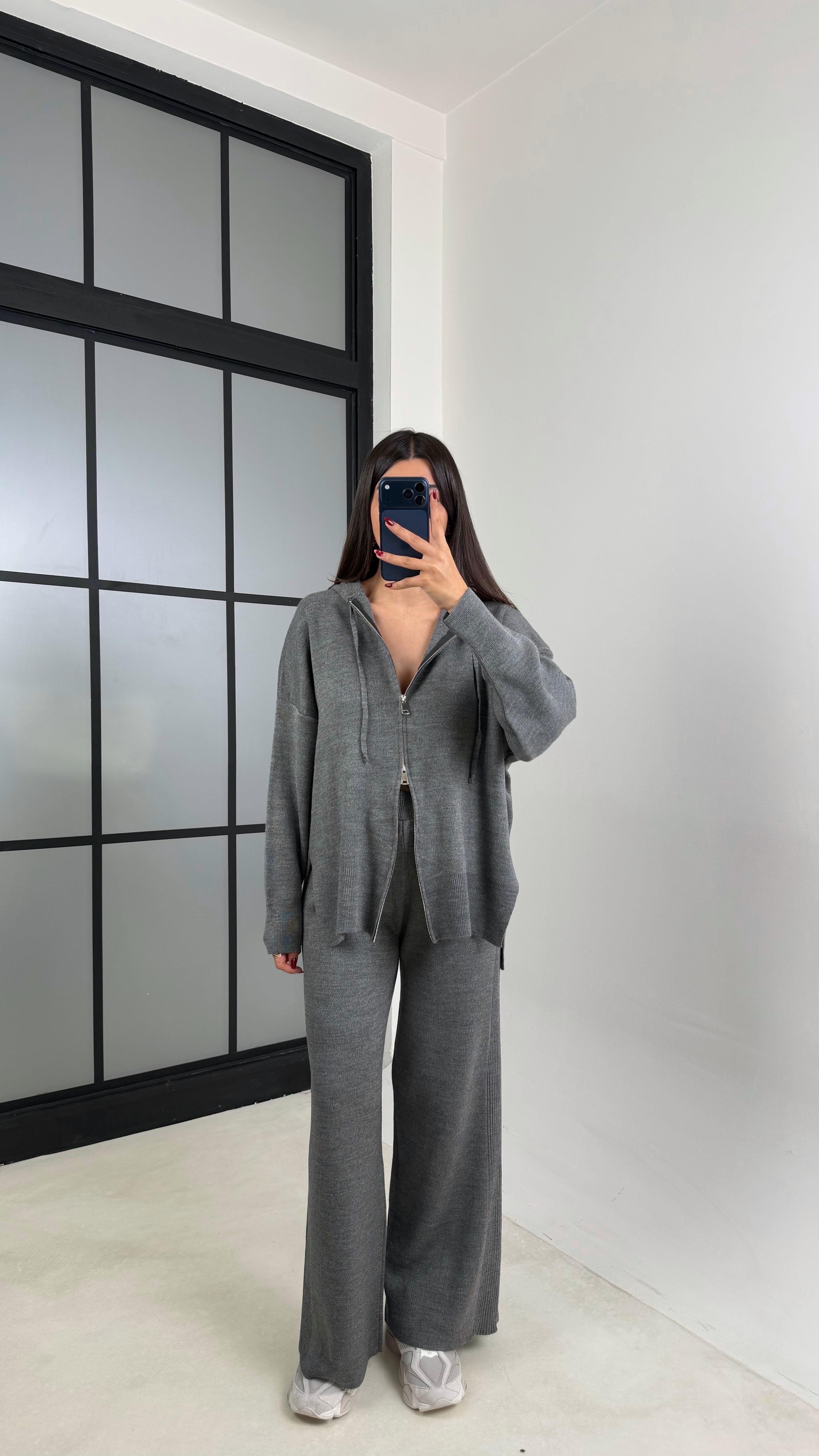 Antrasit Çift Fermuarlı Kapüşonlu Hırka Beli Lastikli Pantolon İkili Triko Takım GAUS-00676GAUSTAKIMGAUS-00676