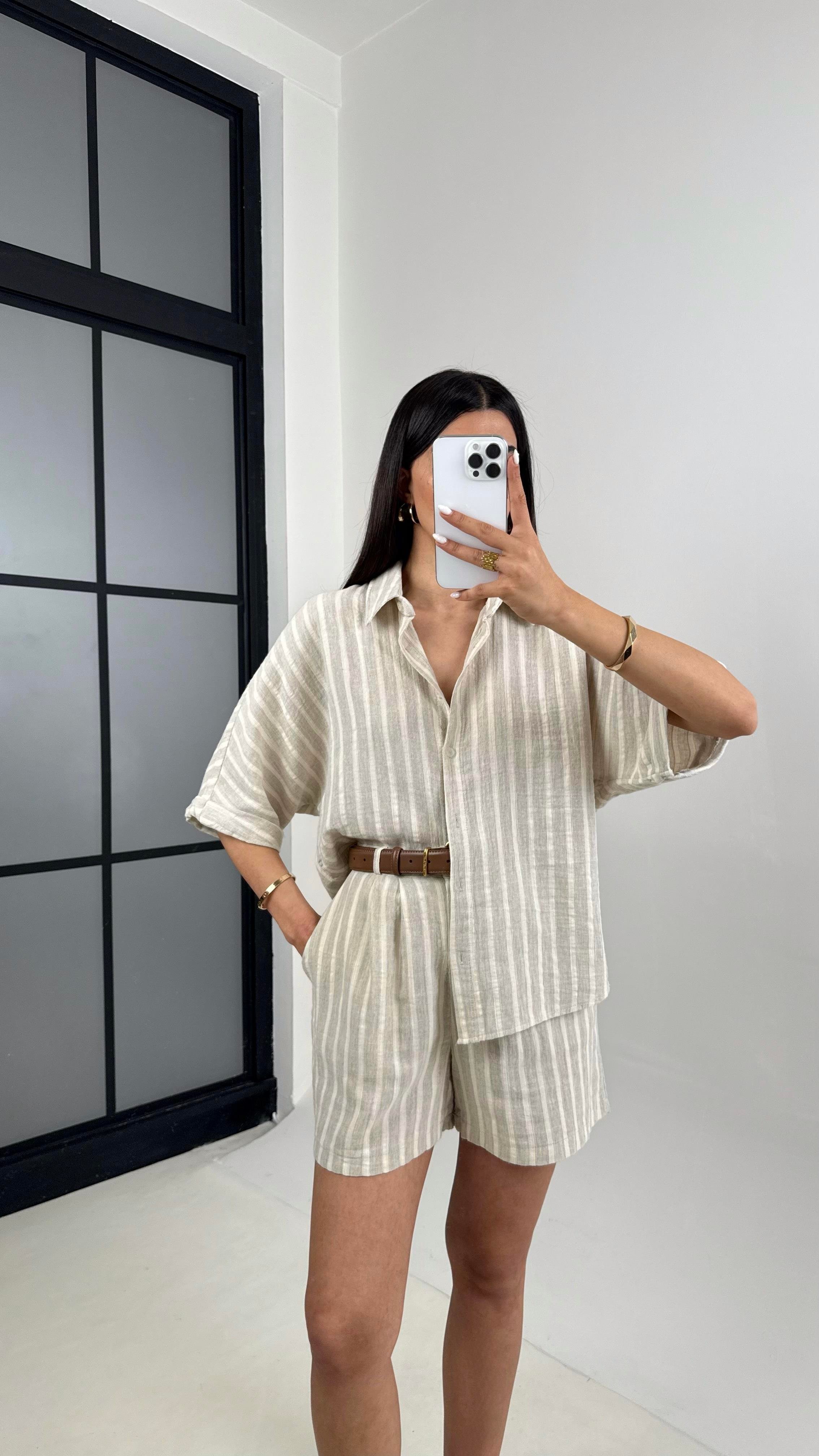 Taş Vizon Çizgili Şortlu İkili Müslin Takım Gaus00446GausTAKIMGU1002040