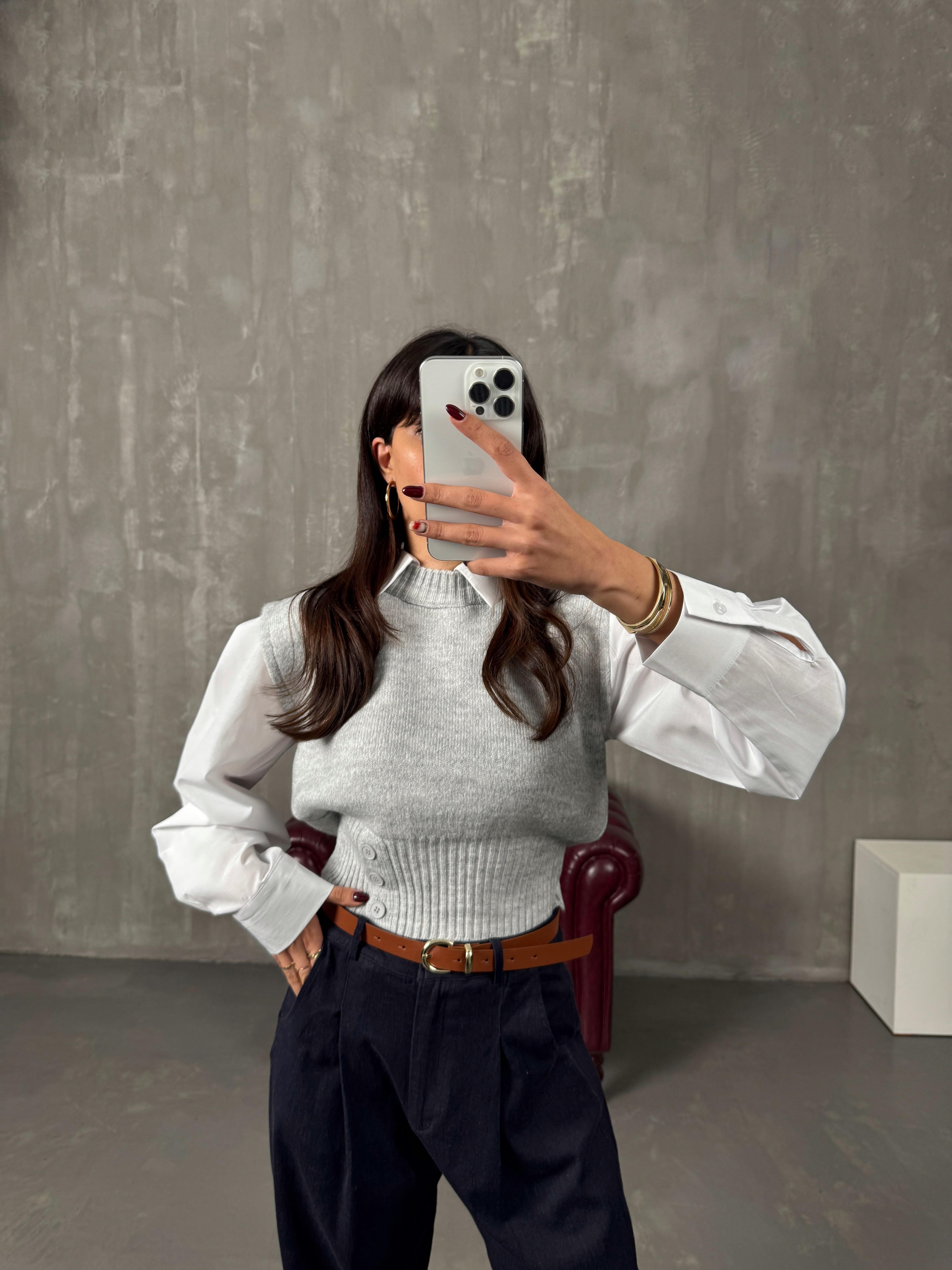 Bels Gri Gömlek Detaylı Triko Süveter