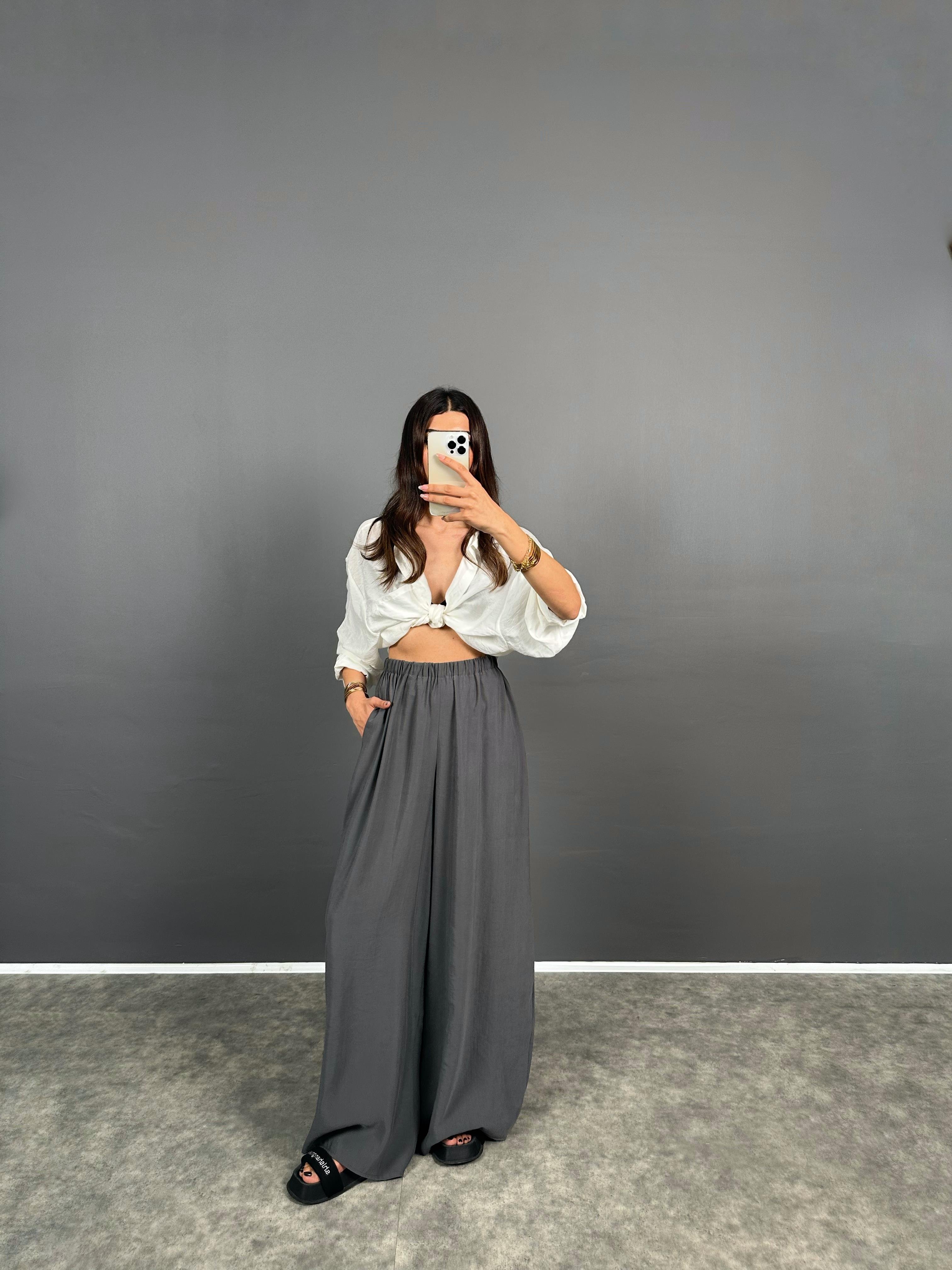 PRY Beli Lastikli Bol Paça Tensel Antrasit Gri Rahat Dokuma Pantolon