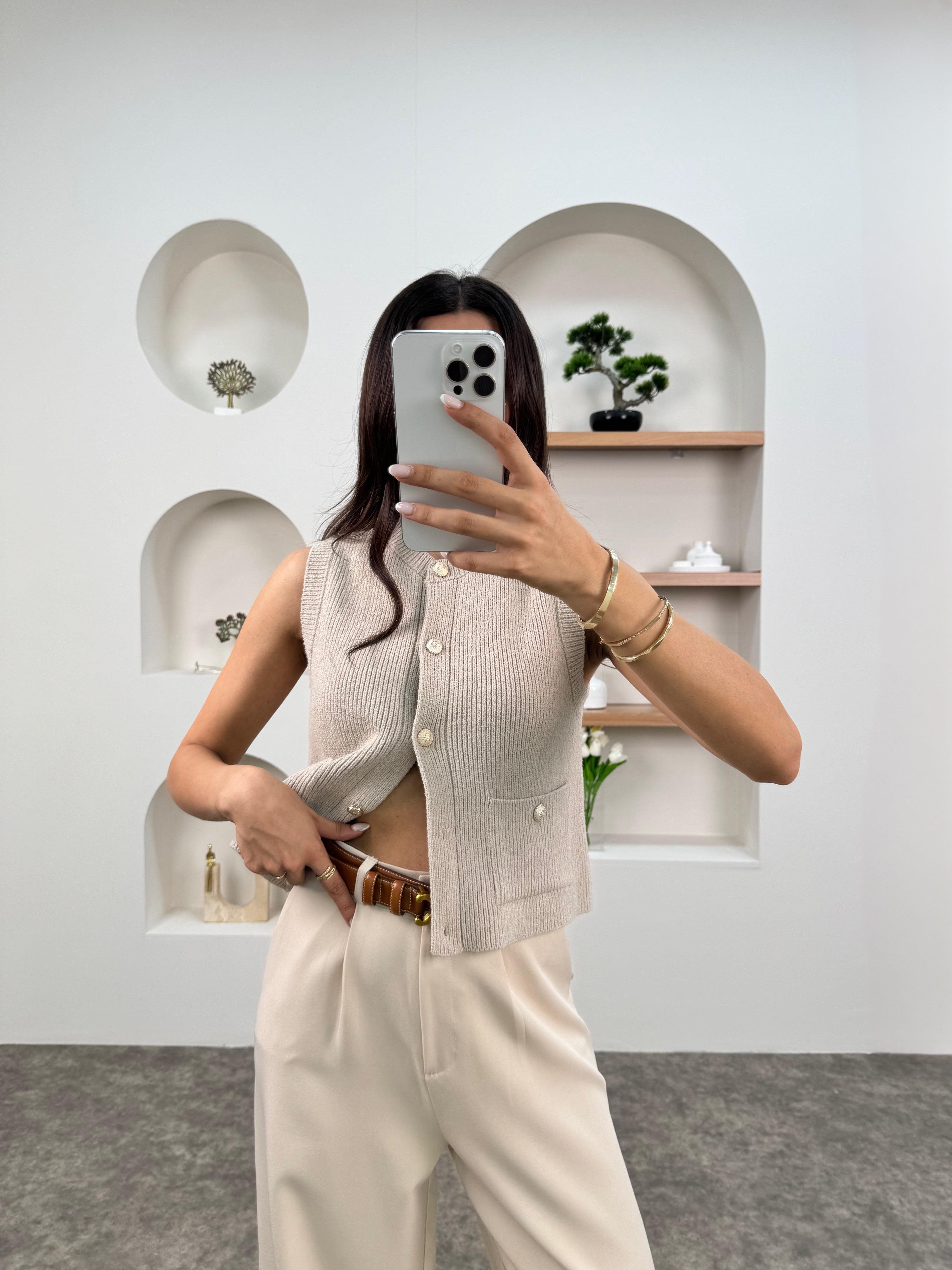 Juli Vizon Gold Düğmeli Örme YelekGausYELEKGU00903454