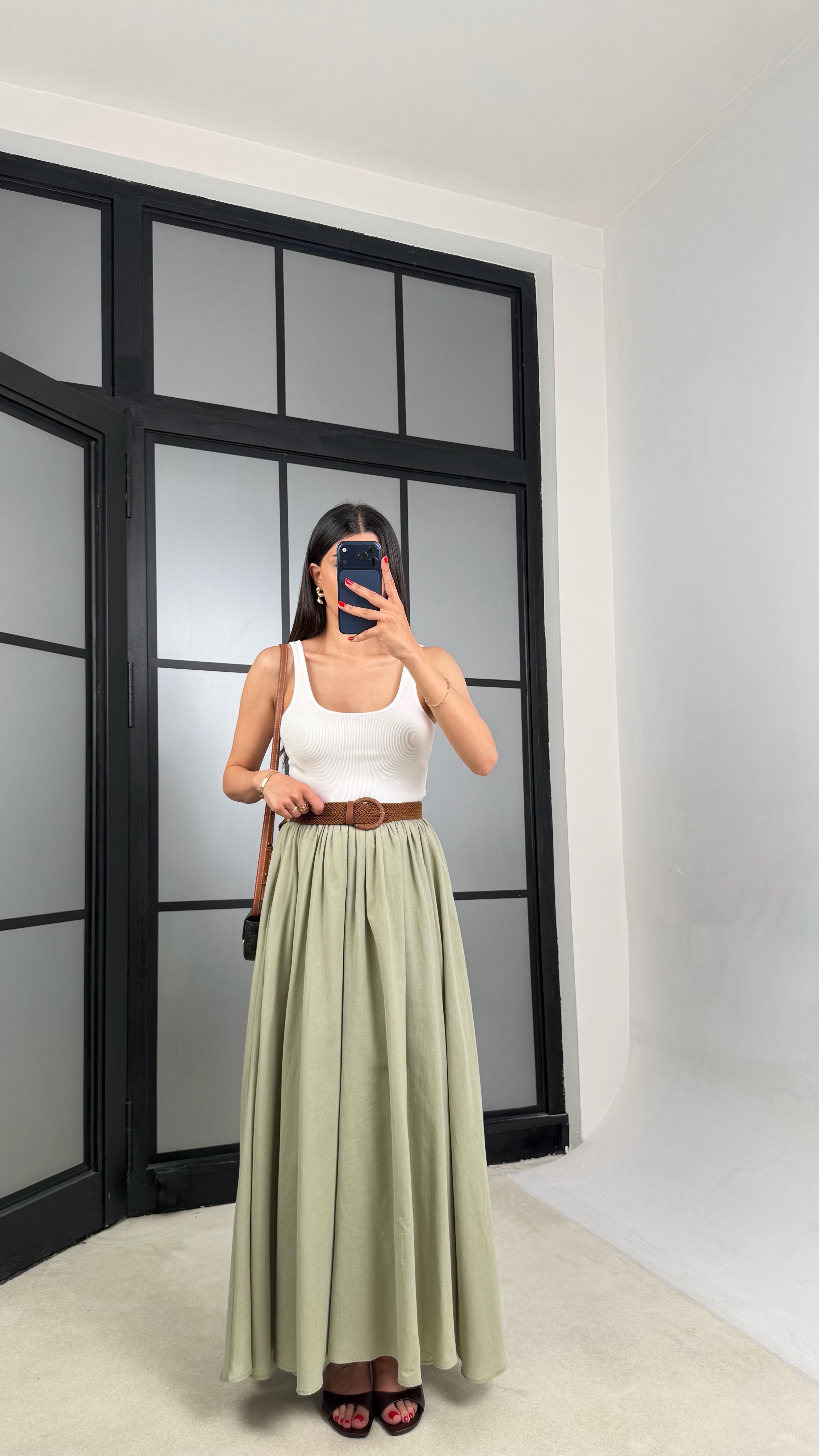 Yeşil Kemerli Astarlı Etek GAUS-01549GAUSETEKGAUS-01549