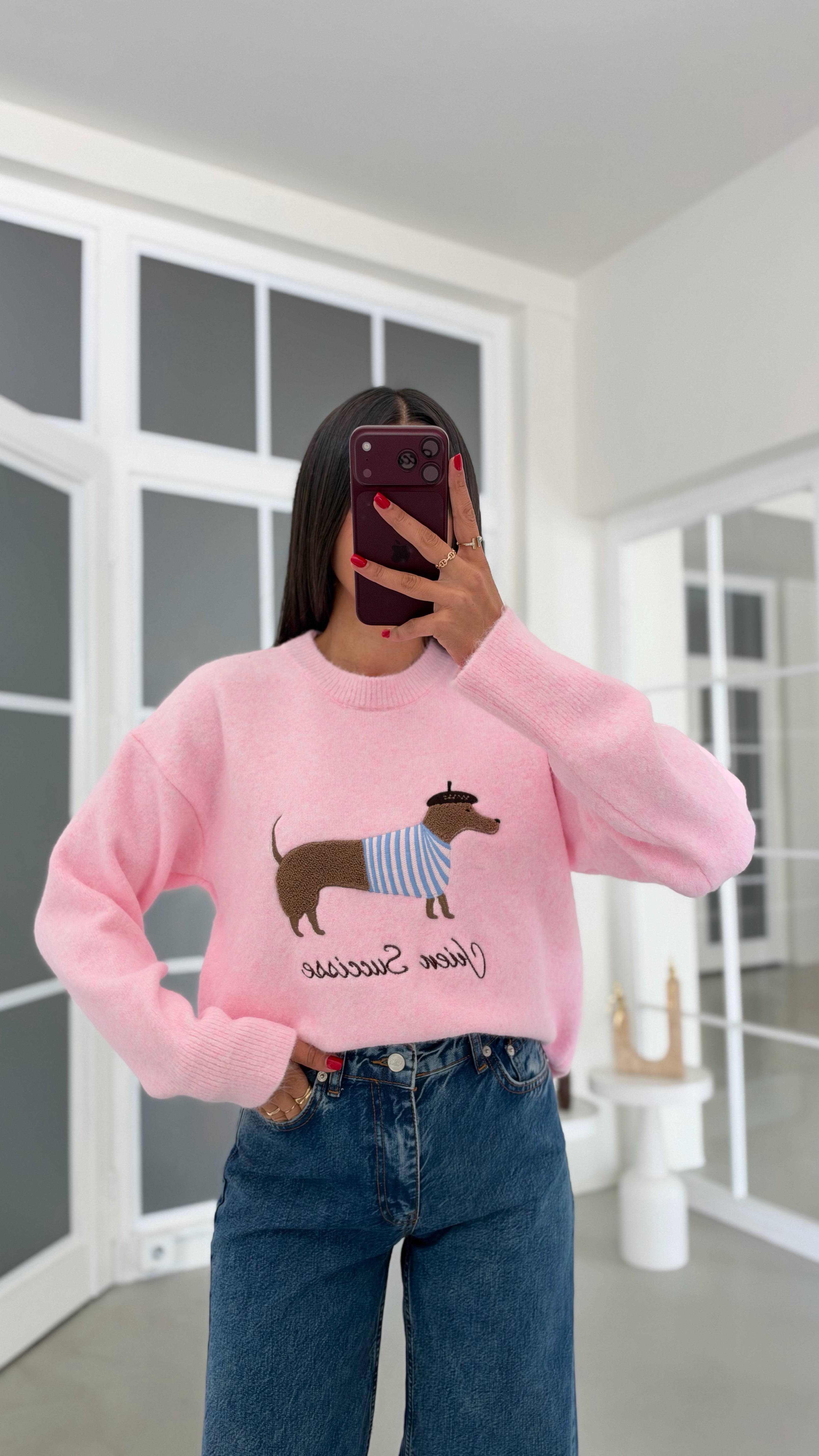 Pembe Muadil Köpek Desenli Triko Kazak GAUS-02181GAUSKAZAKGAUS-02181