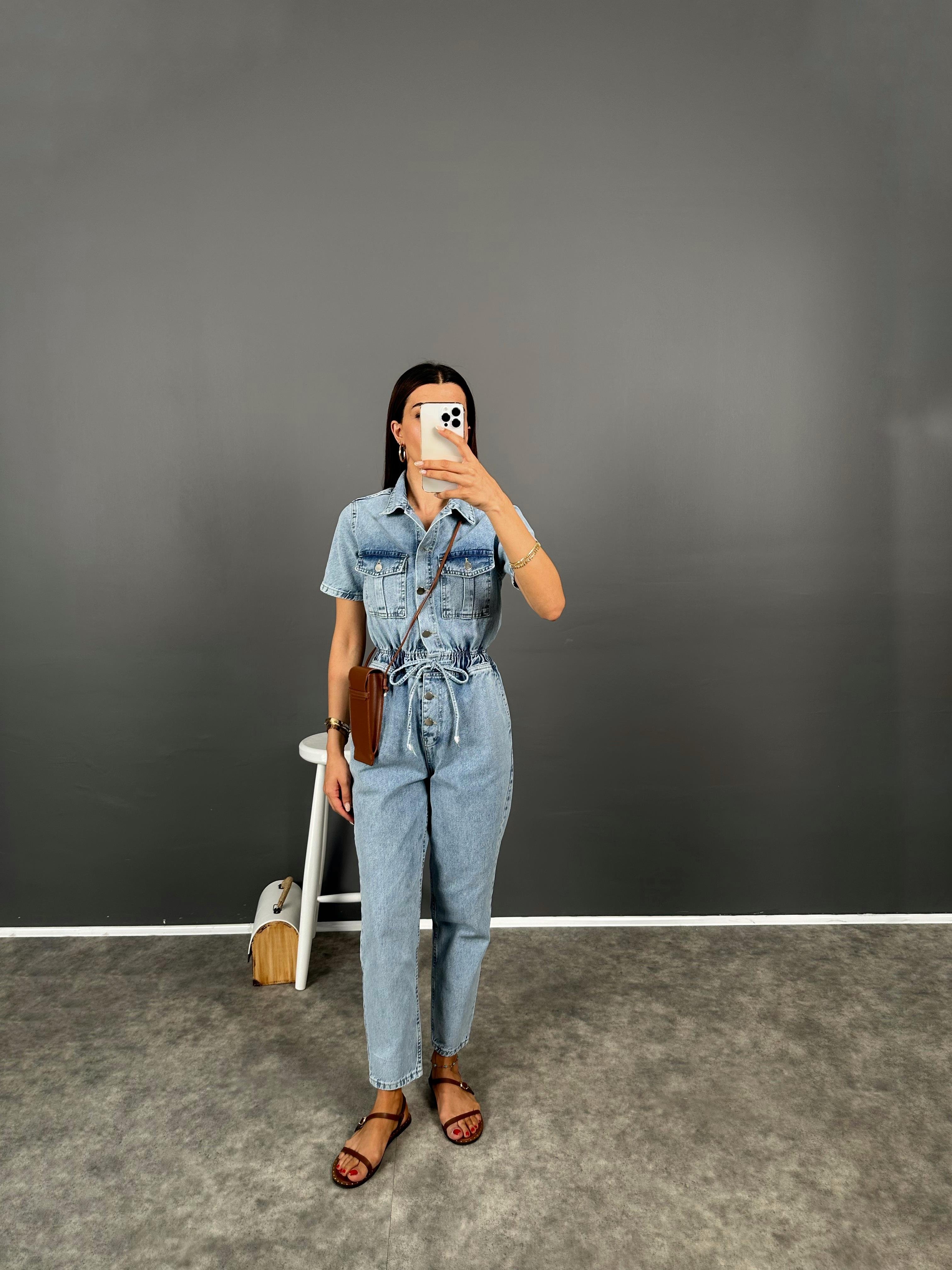 Valens Premium Denim Düğmeli Beli Lastikli Tulum 