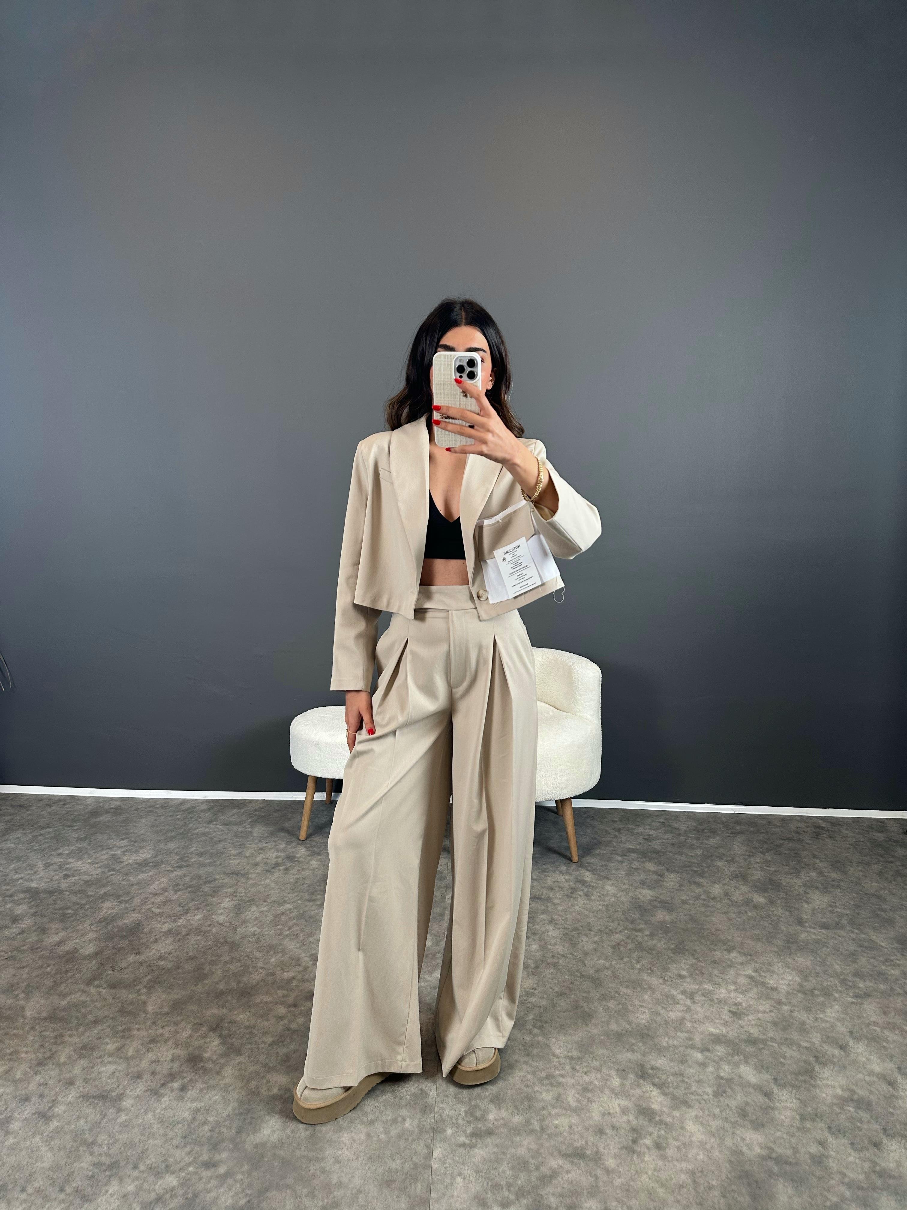 Ketrina Bej Tasarım Blazer Ceket İkili Takım GausTAKIMGU004366