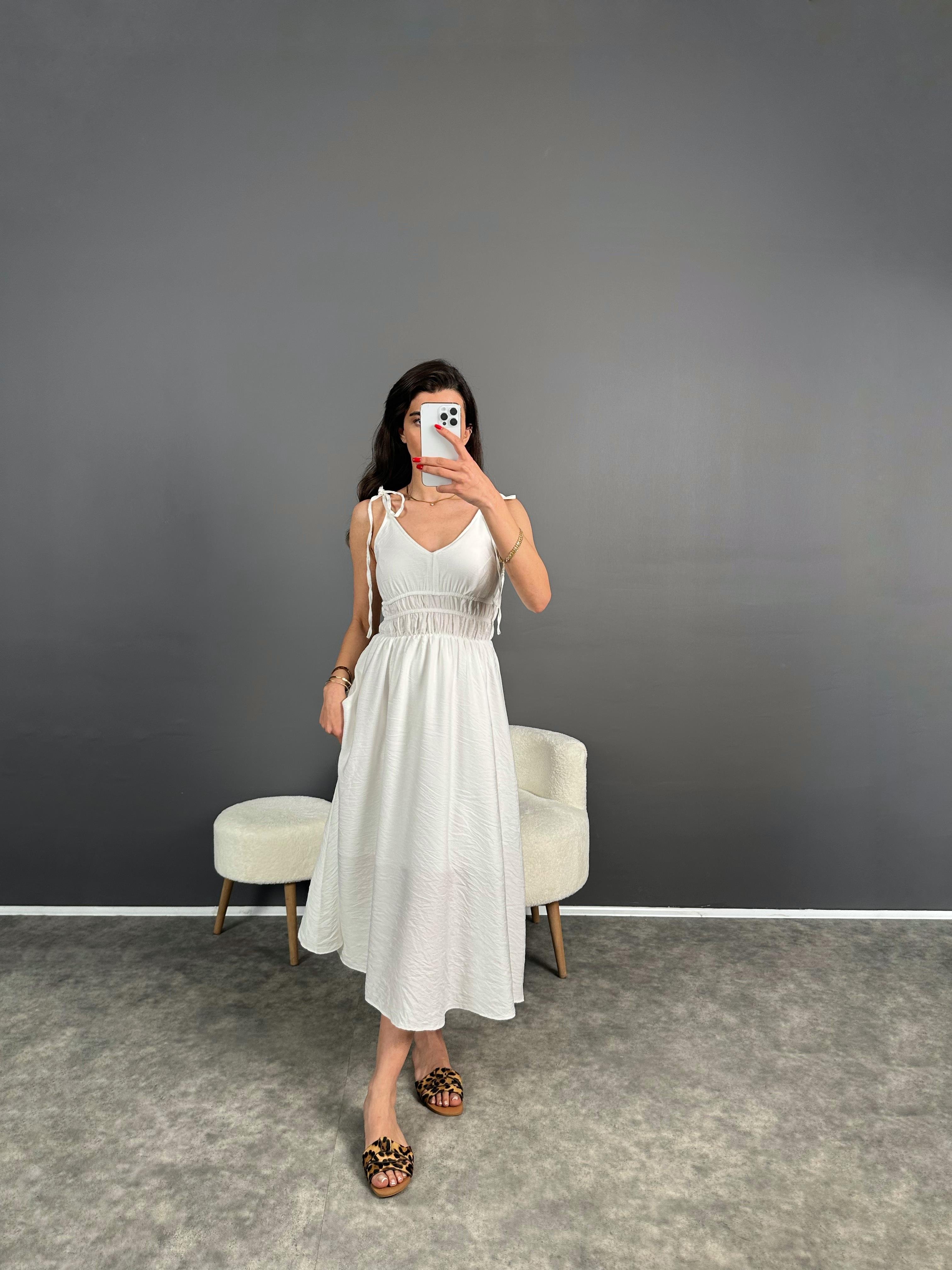 Yulia Beyaz İp Bağlama Askılı Astarlı Premium Elbise GausELBİSEGU007090