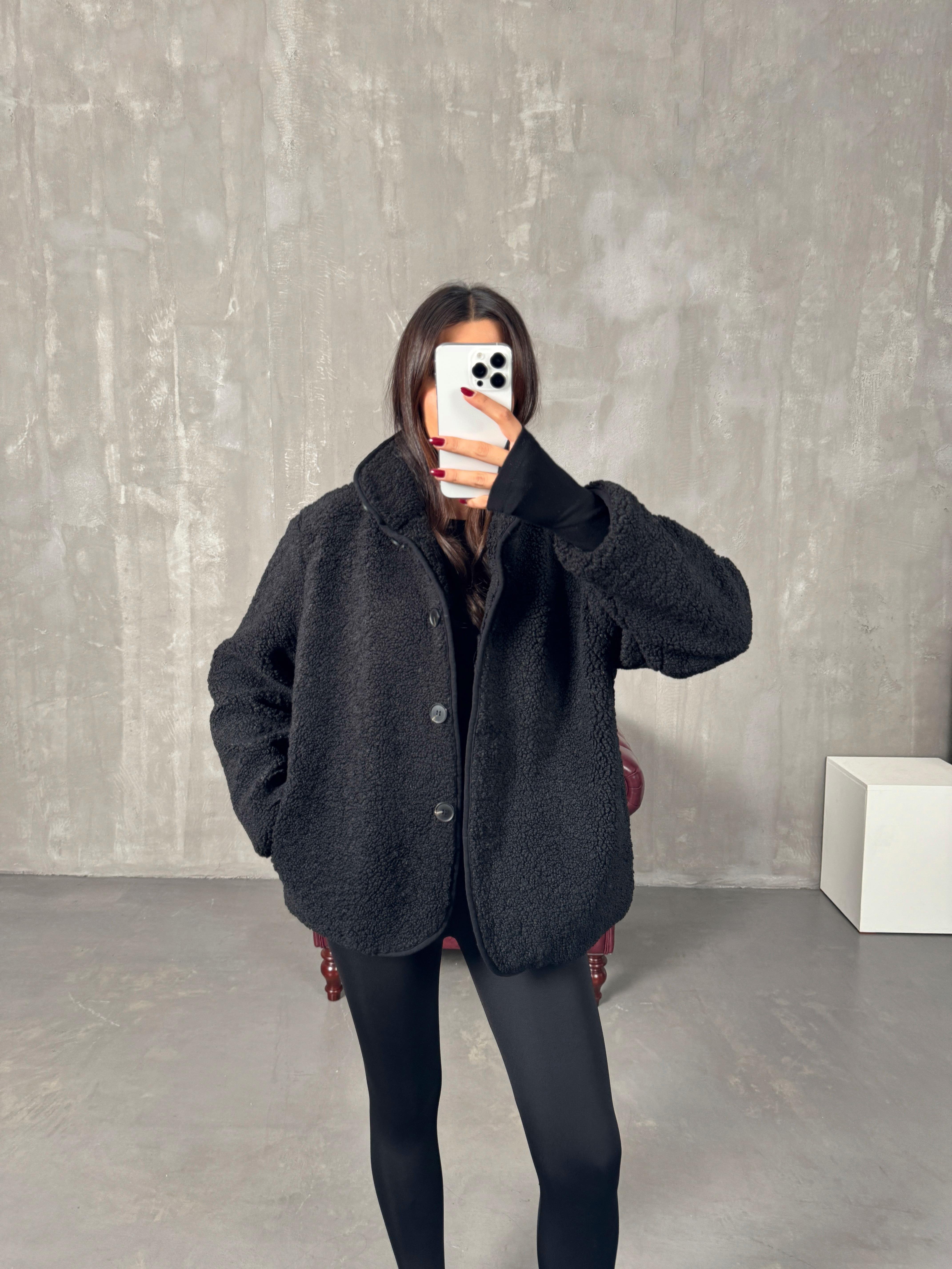 Robert Siyah Astarlı Peluş Orta Boy Ceket