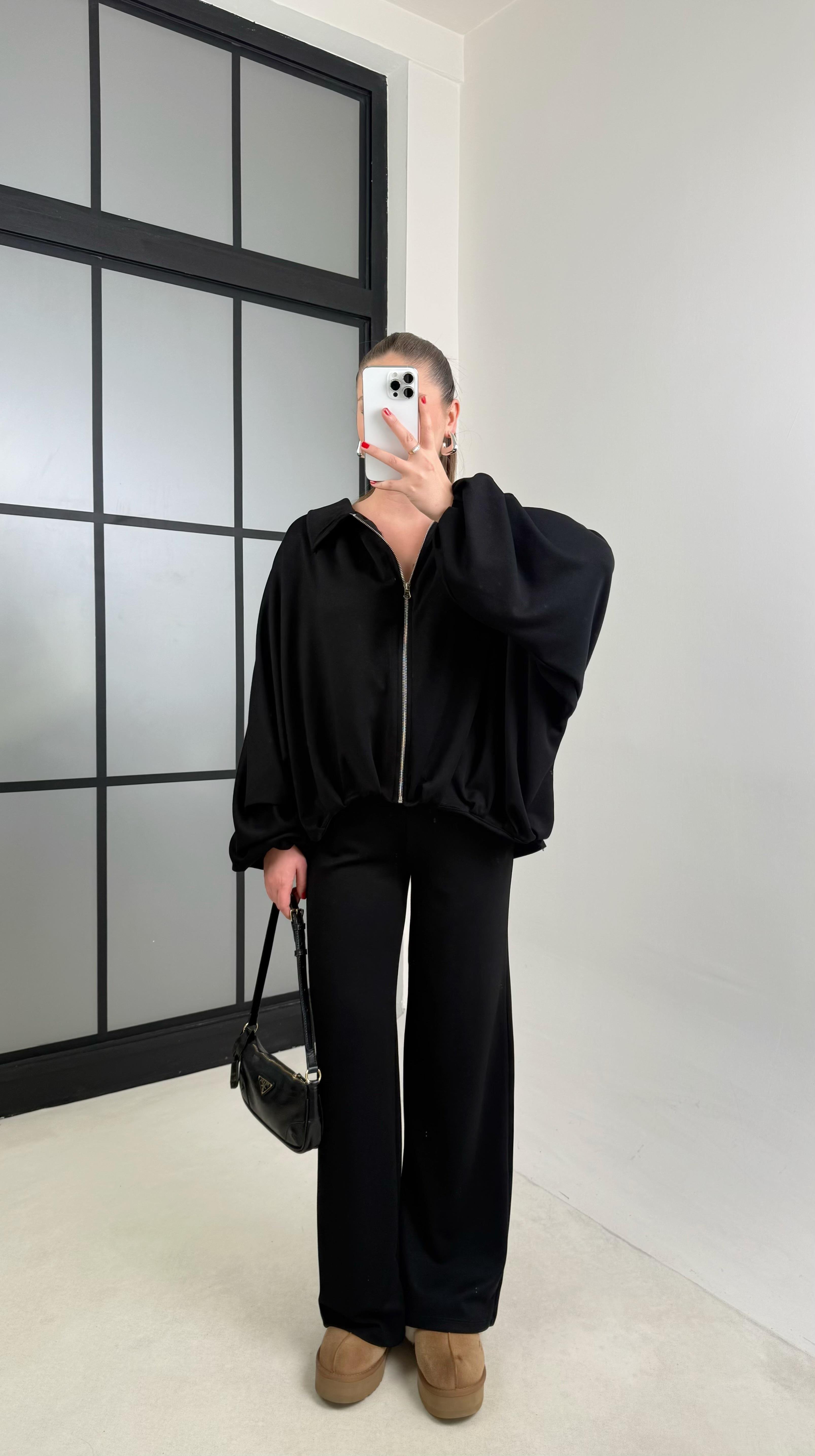 Siyah Bomber Hırka Beli Lastikli Pantolon İkili Takım GAUS-00556GAUSTAKIMGAUS-00556