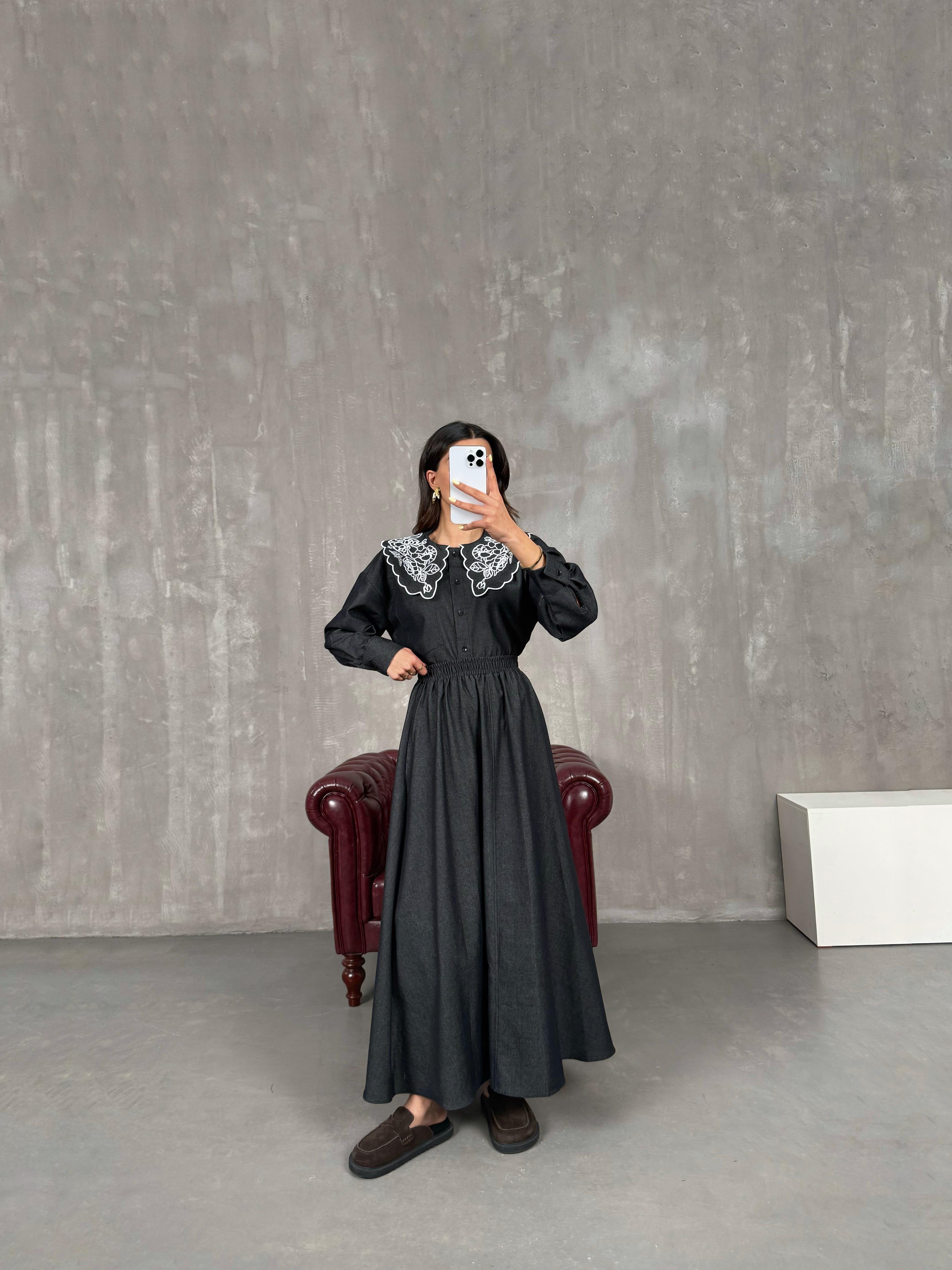 طقم لون مدخّن تنورة قميص ياقة بيبي مزيّن بالتطريز Gaus00102