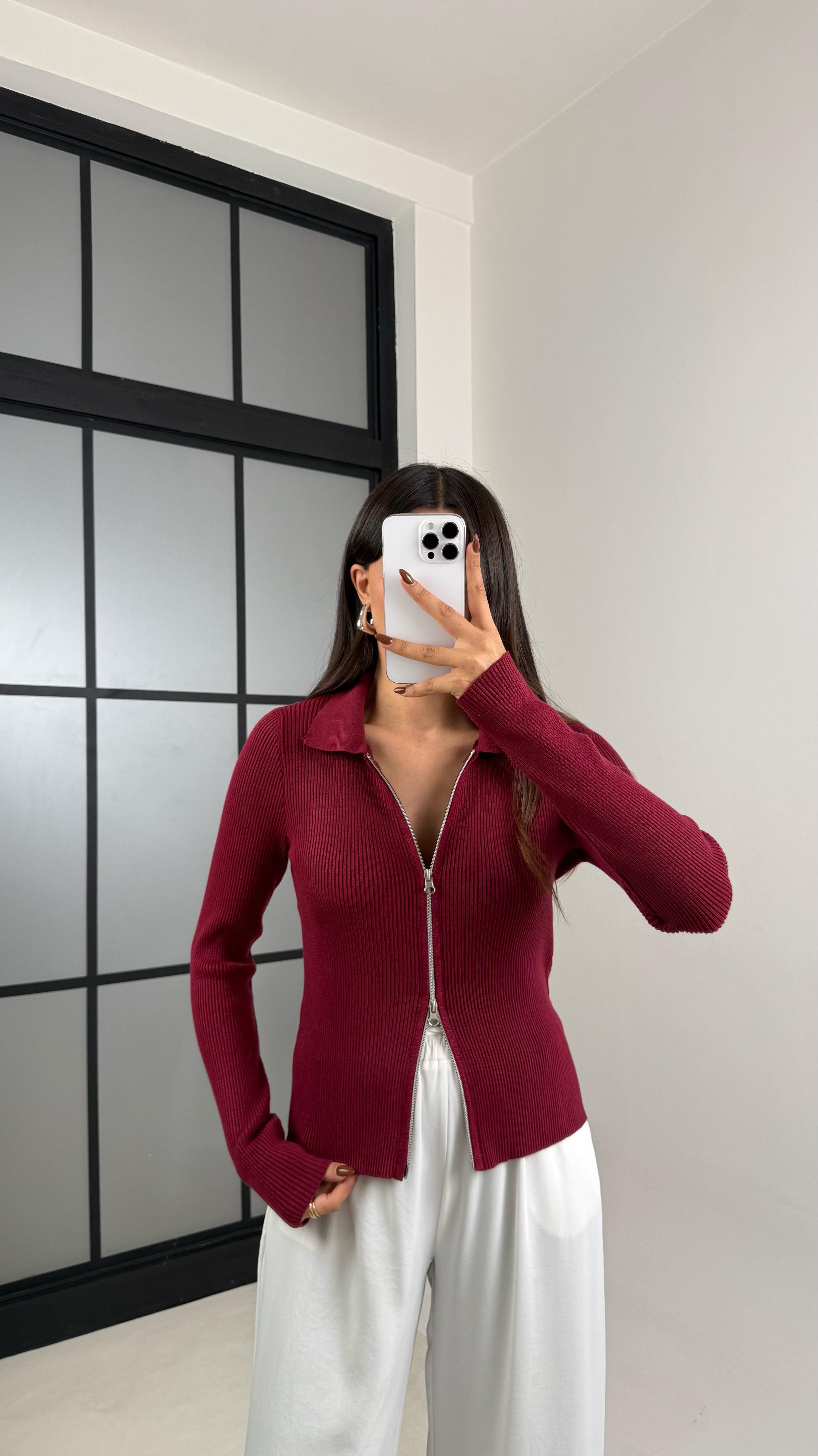 Bordo Çift Fermuarlı Fitilli Bluz GAUS-00461GAUSالبلوزات GAUS-00461