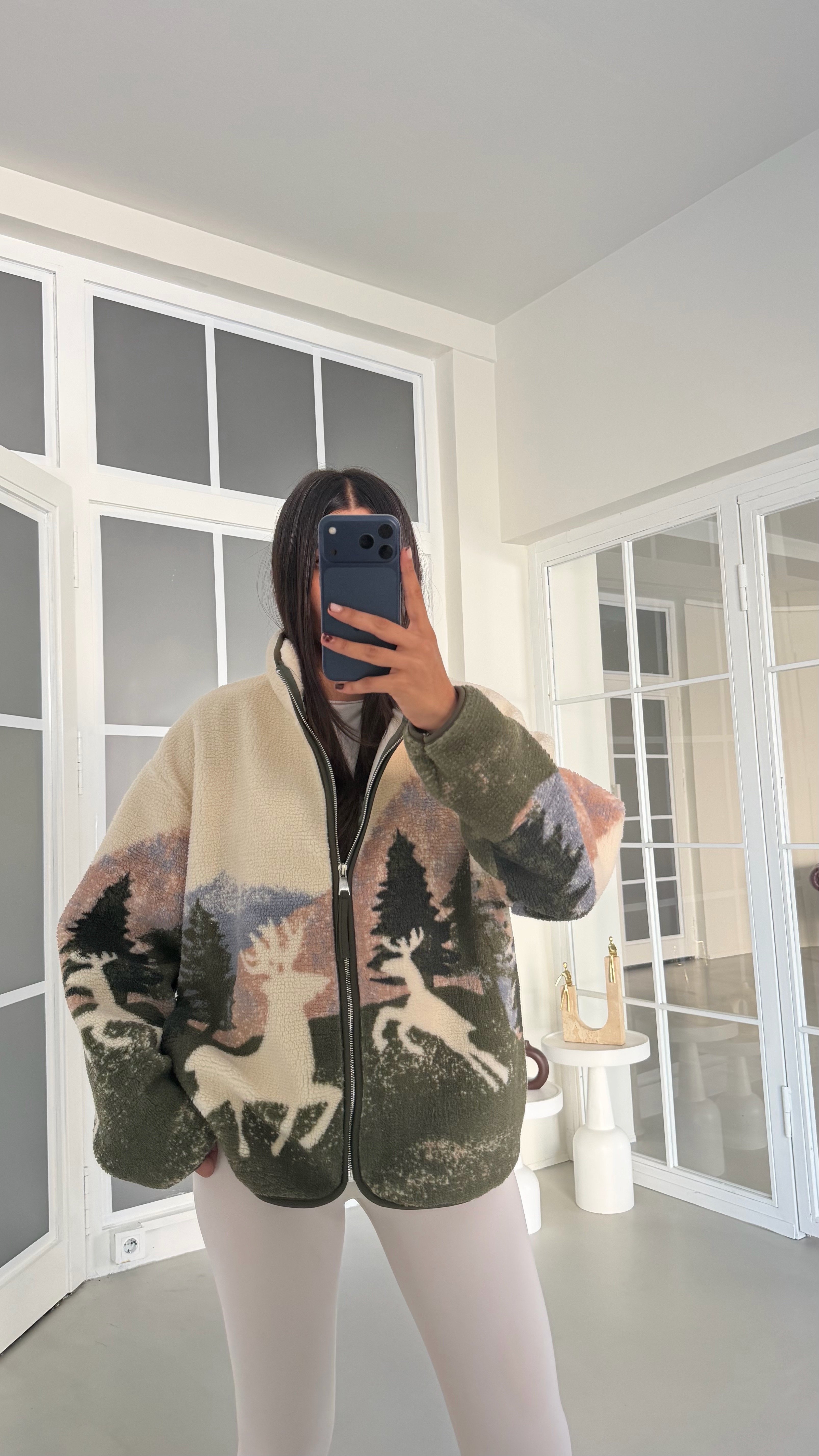 Yeşil Geyik Desenli Fermuarlı Polar Sweatshirt GAUS-01914GAUSSweatshirtGAUS-01914