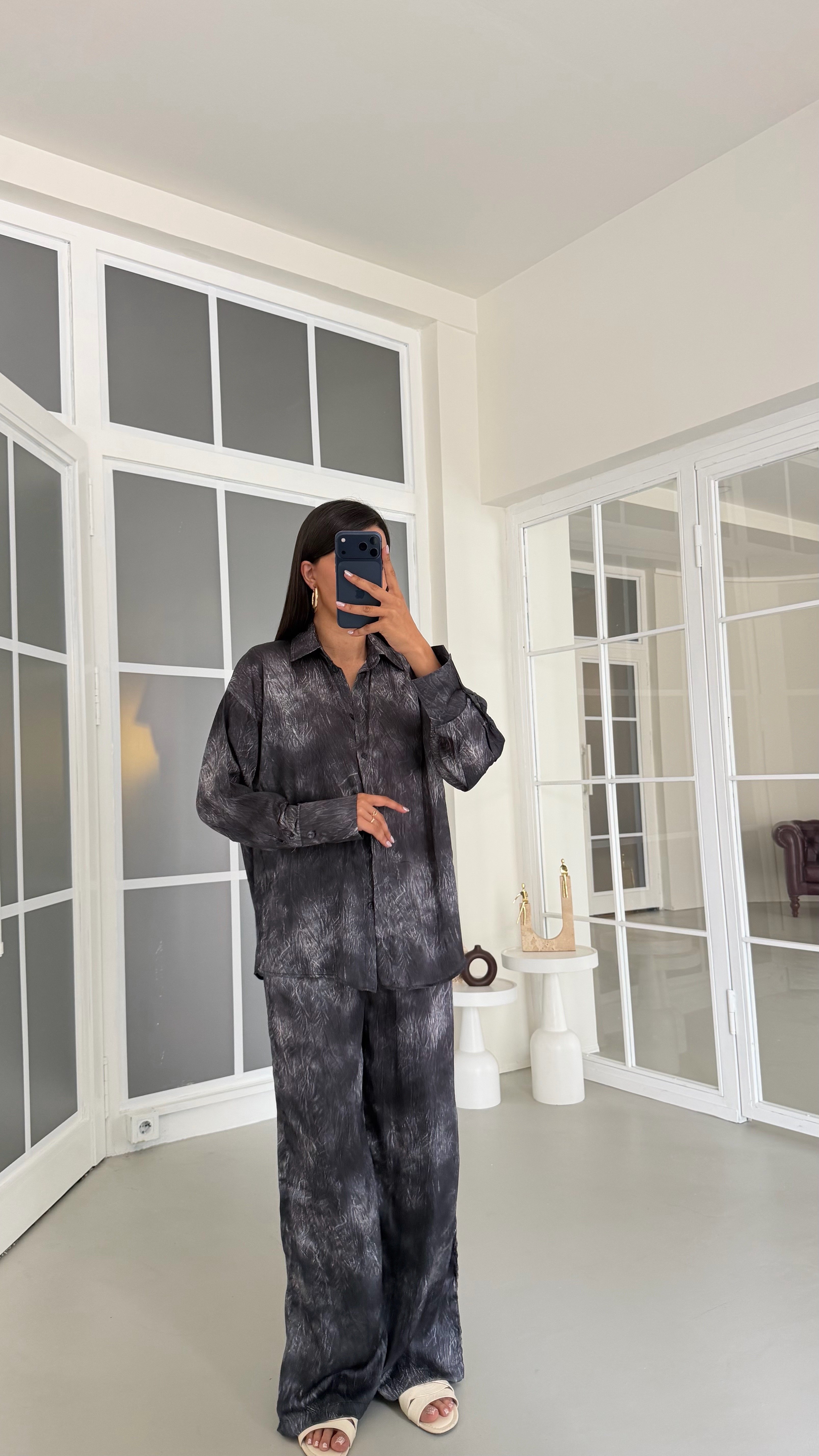 Füme Gömlek Beli Lastikli Pantolon İkili Desenli Saten Takım GAUS-01754GAUSTAKIMGAUS-01754