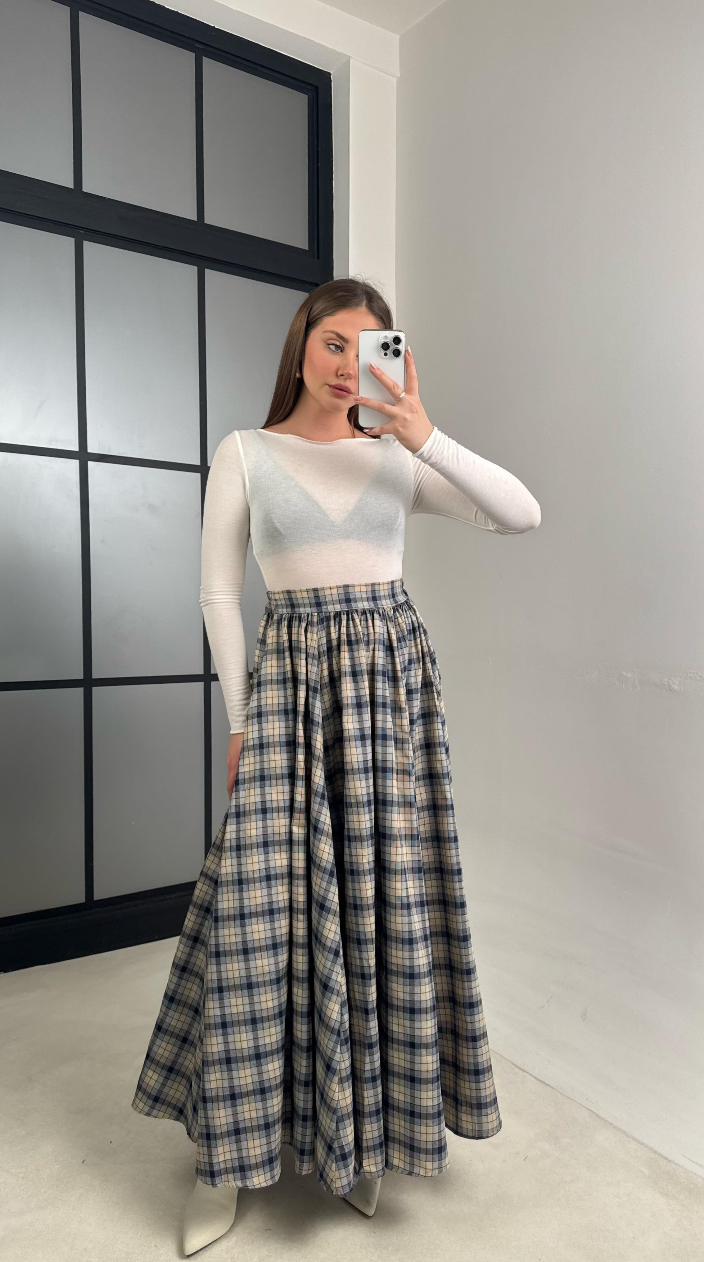 Bej Beli Lastikli Pileli Ekose Desenli Etek GAUS-01056GAUSSkirtGAUS-01056