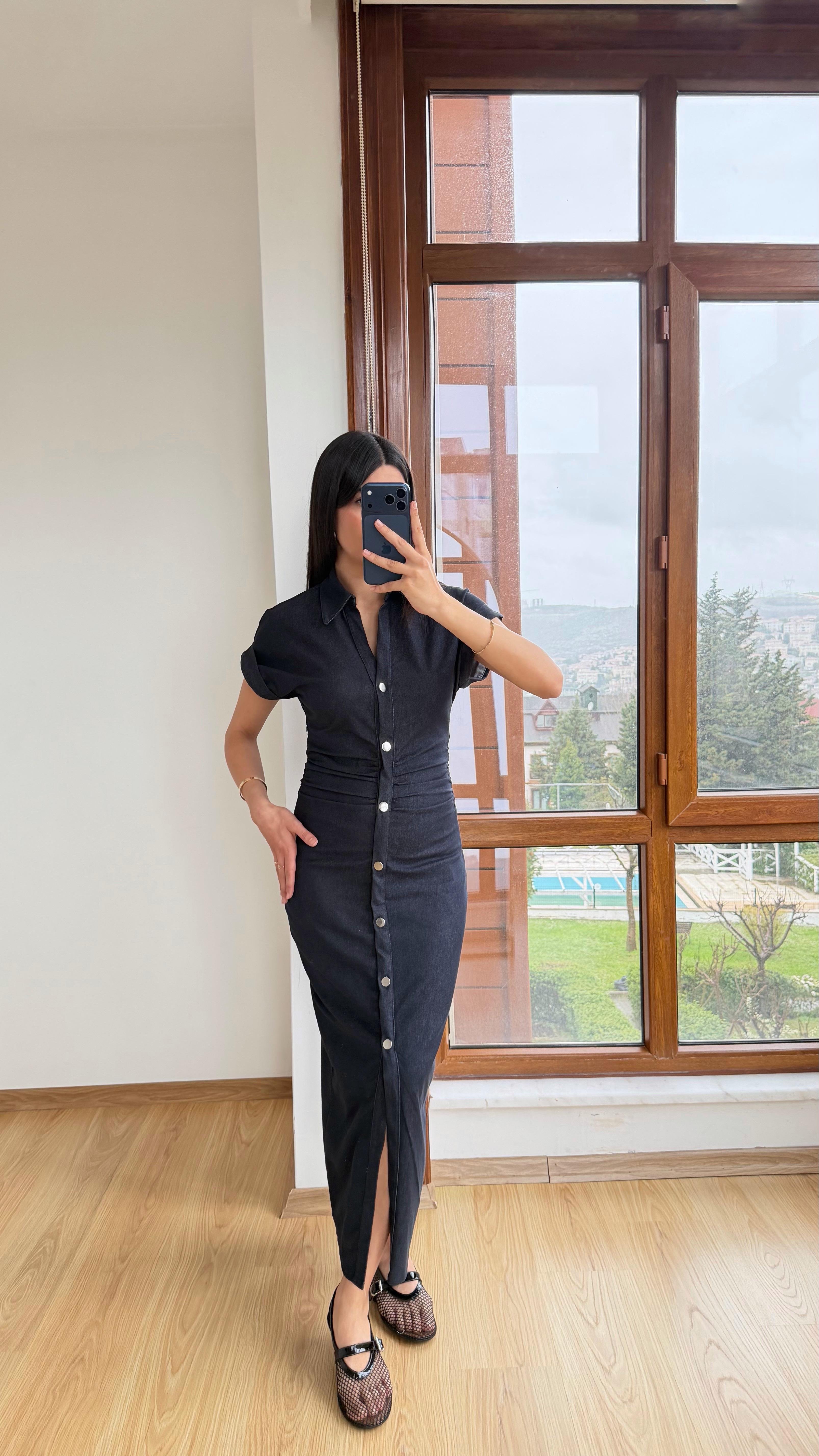 Lacivert Düğmeli Premium Denim Elbise GAUS-01315GAUSELBİSEGAUS-01315