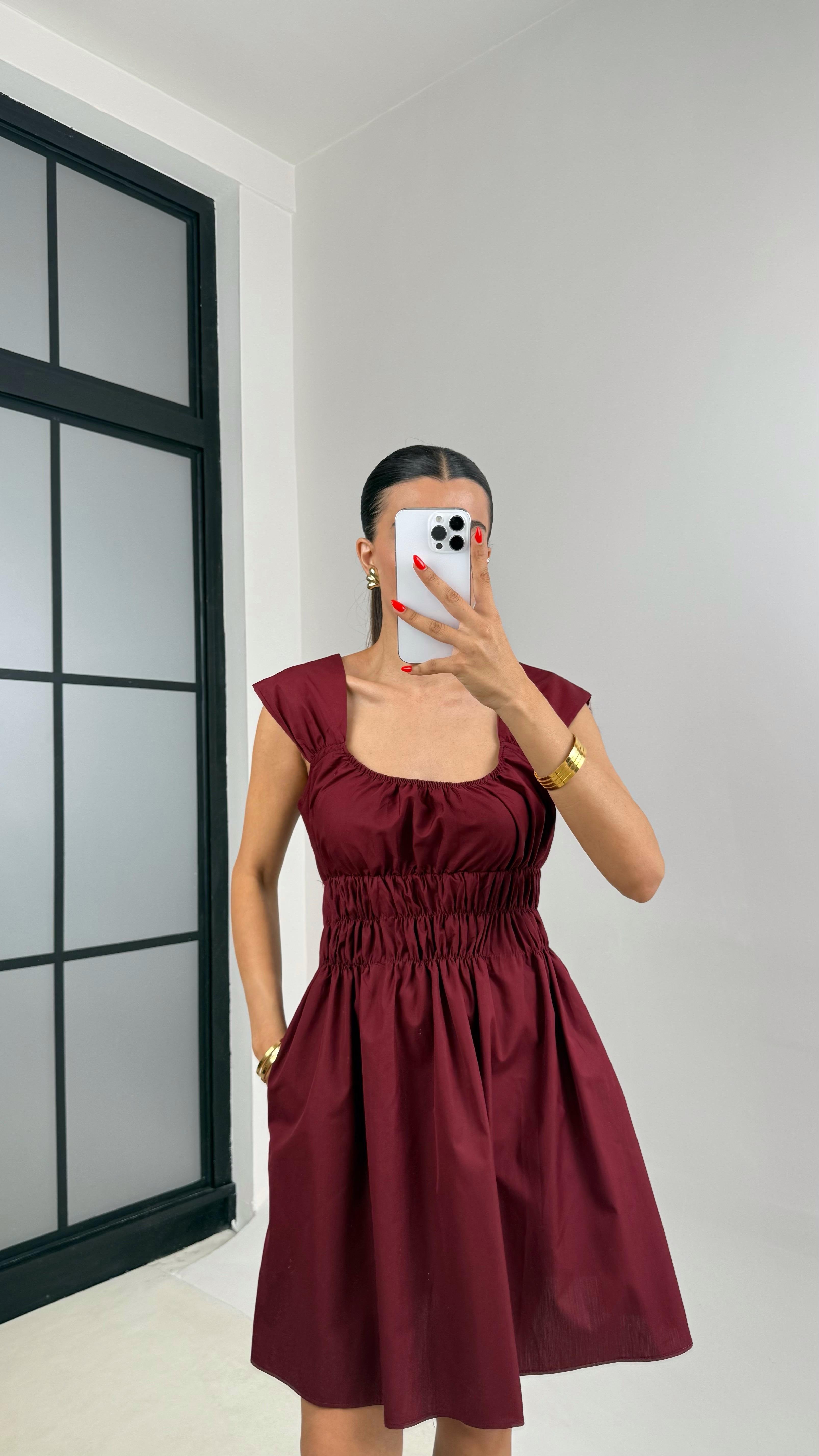 Bordo Gipe Detaylı Mini Poplin Elbise GAUS-0033GAUSELBİSEGAUS-0033