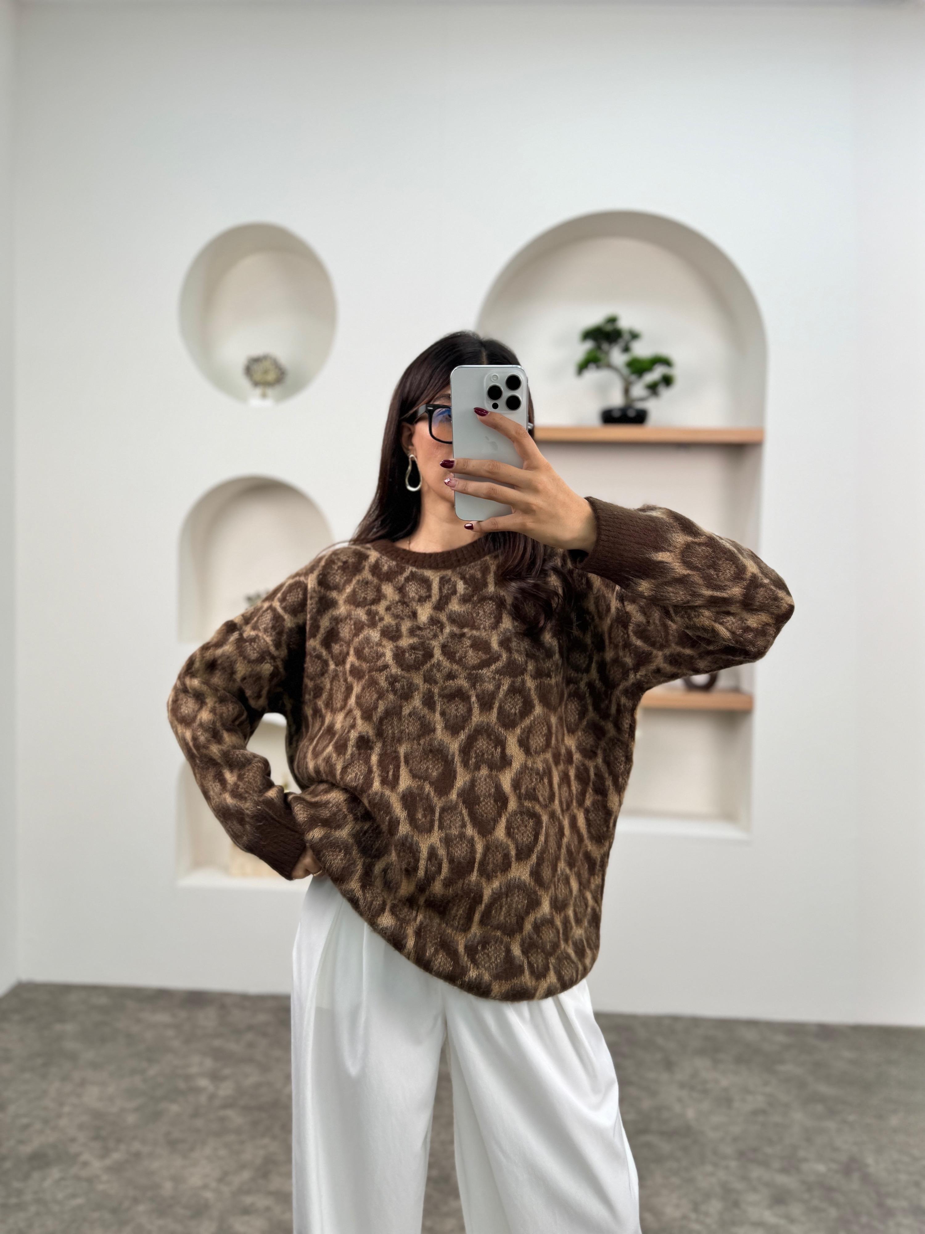 Nomi Kahve Leopar Bisiklet Yaka Triko KazakGausKAZAKGU00903644