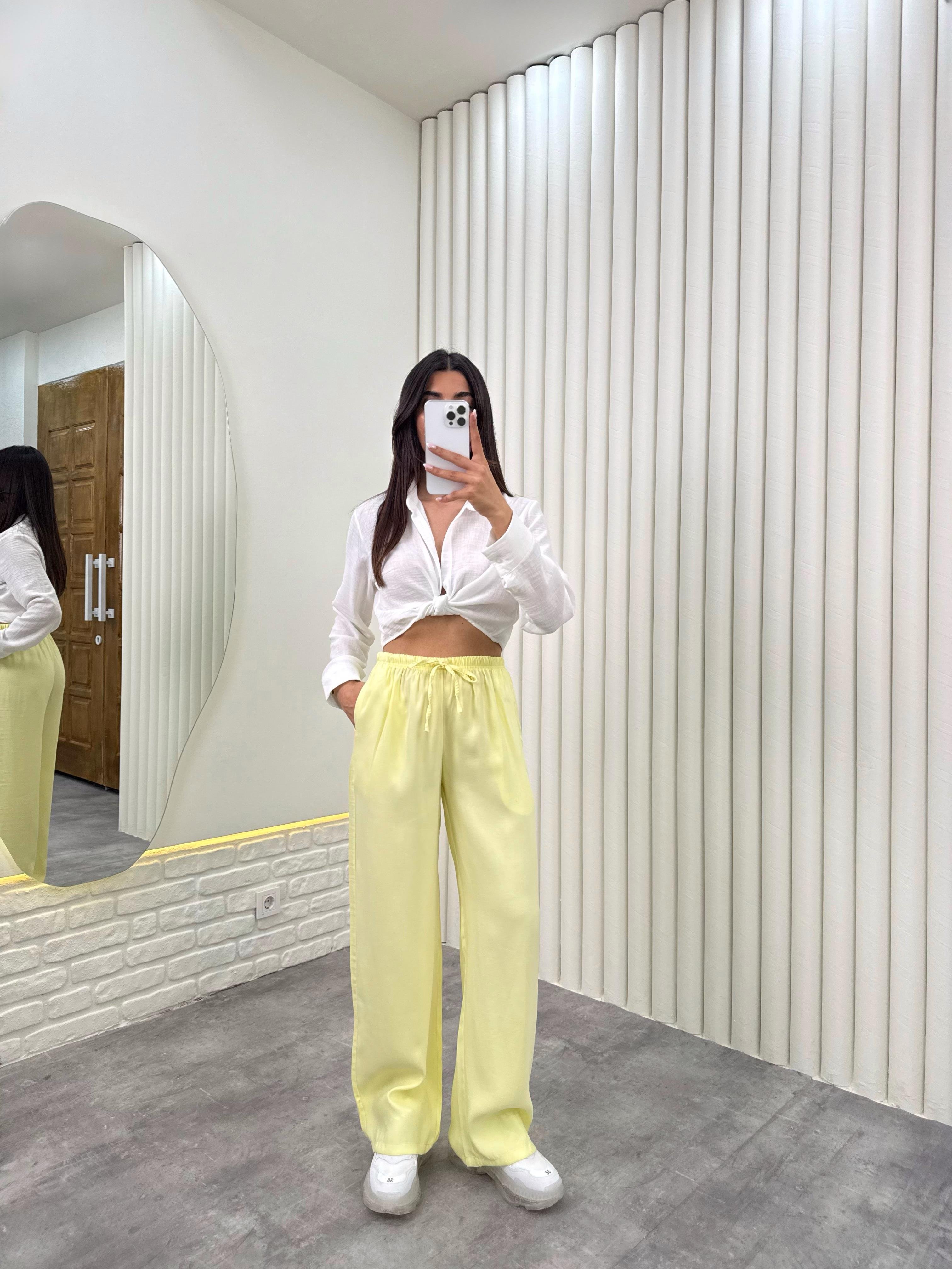 Sarı Beli Lastikli Cepli Tensel Pantolon Gaus00314GausPANTOLONGU1001722