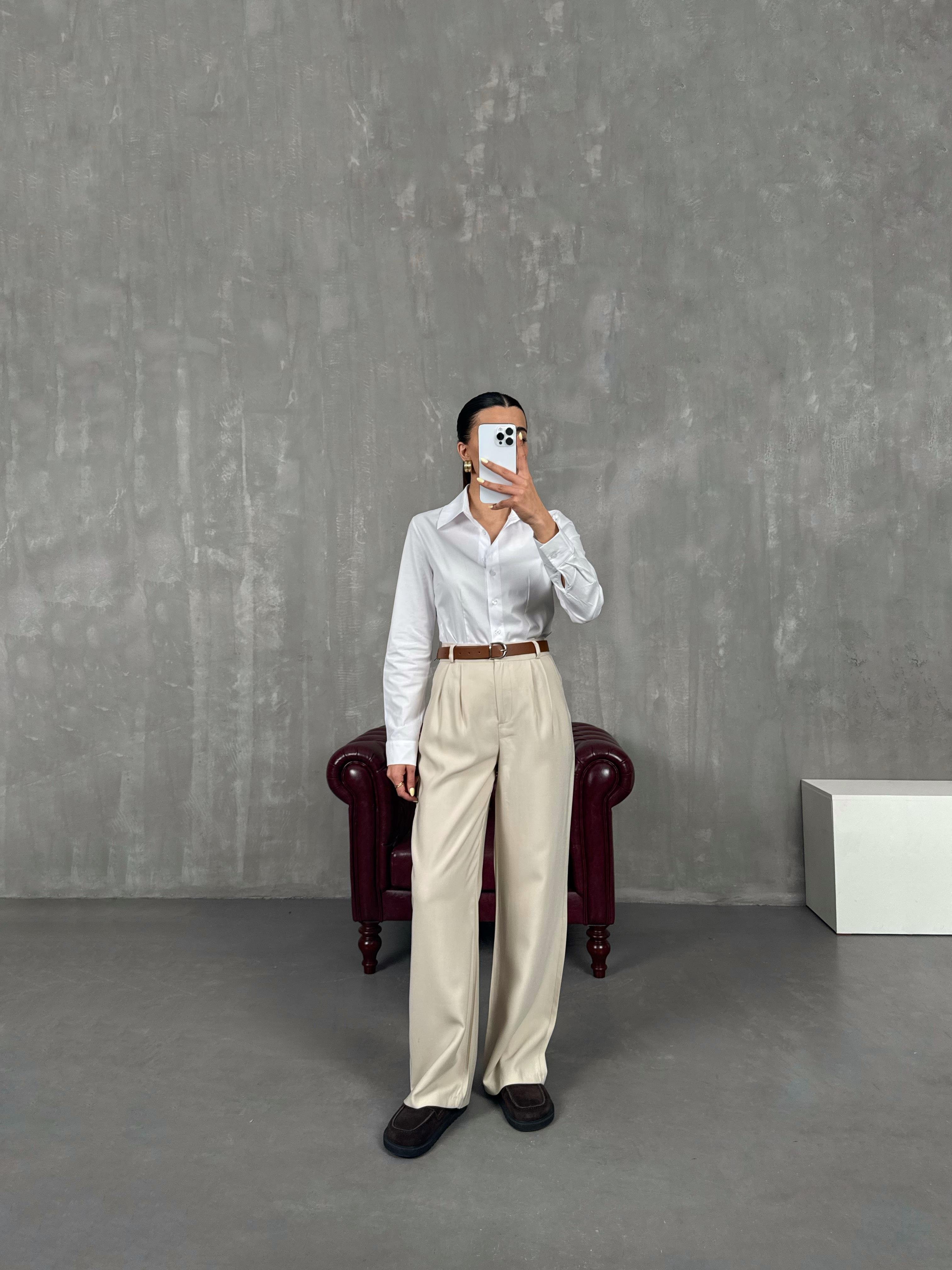 بنطال بالازو لون حجري قماش مستورد مع حزام Gaus00090