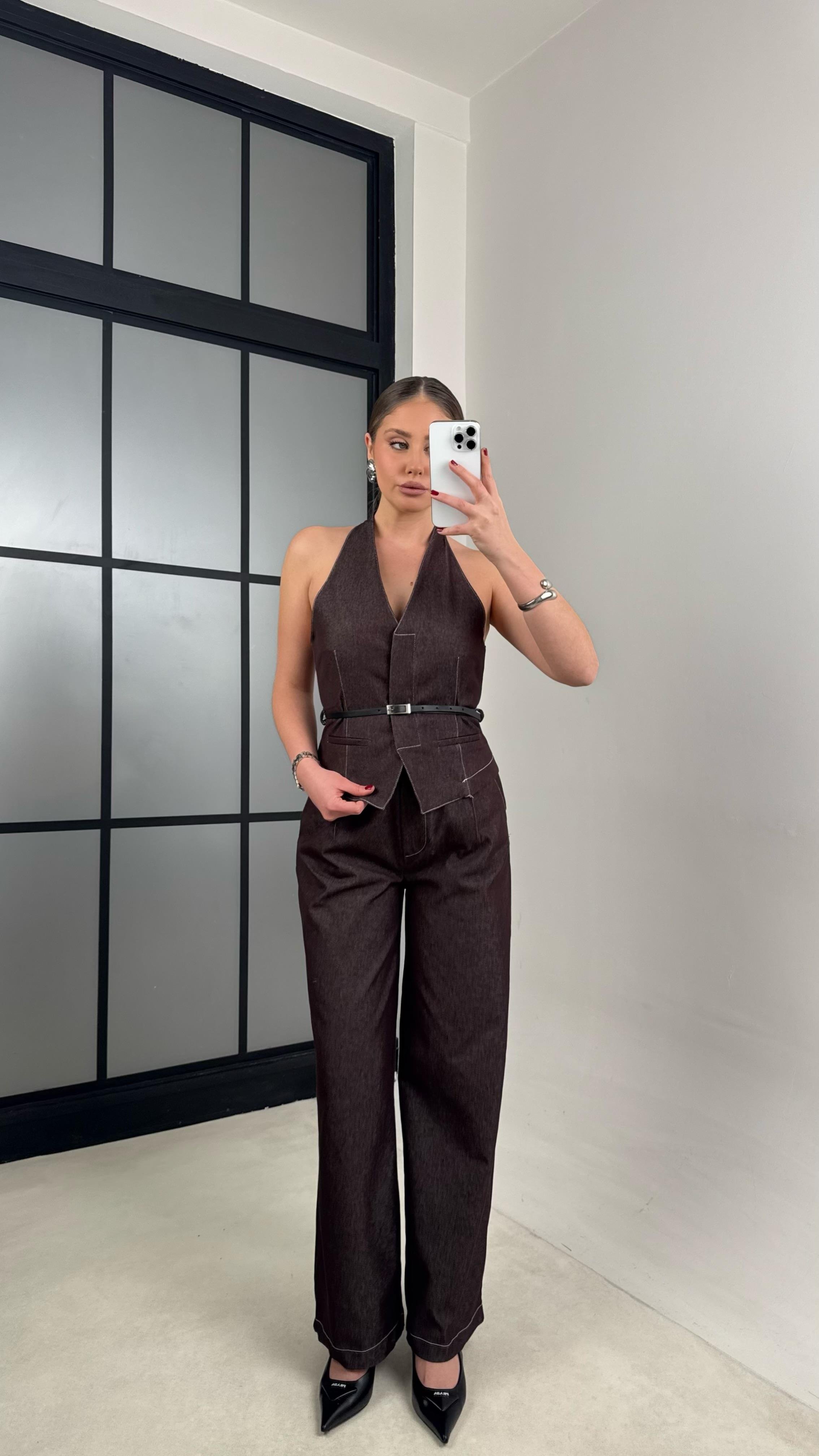 Mürdüm Kemerli Yelek Pantolon İkili Denim Takım GAUS-00997GAUSTAKIMGAUS-00997