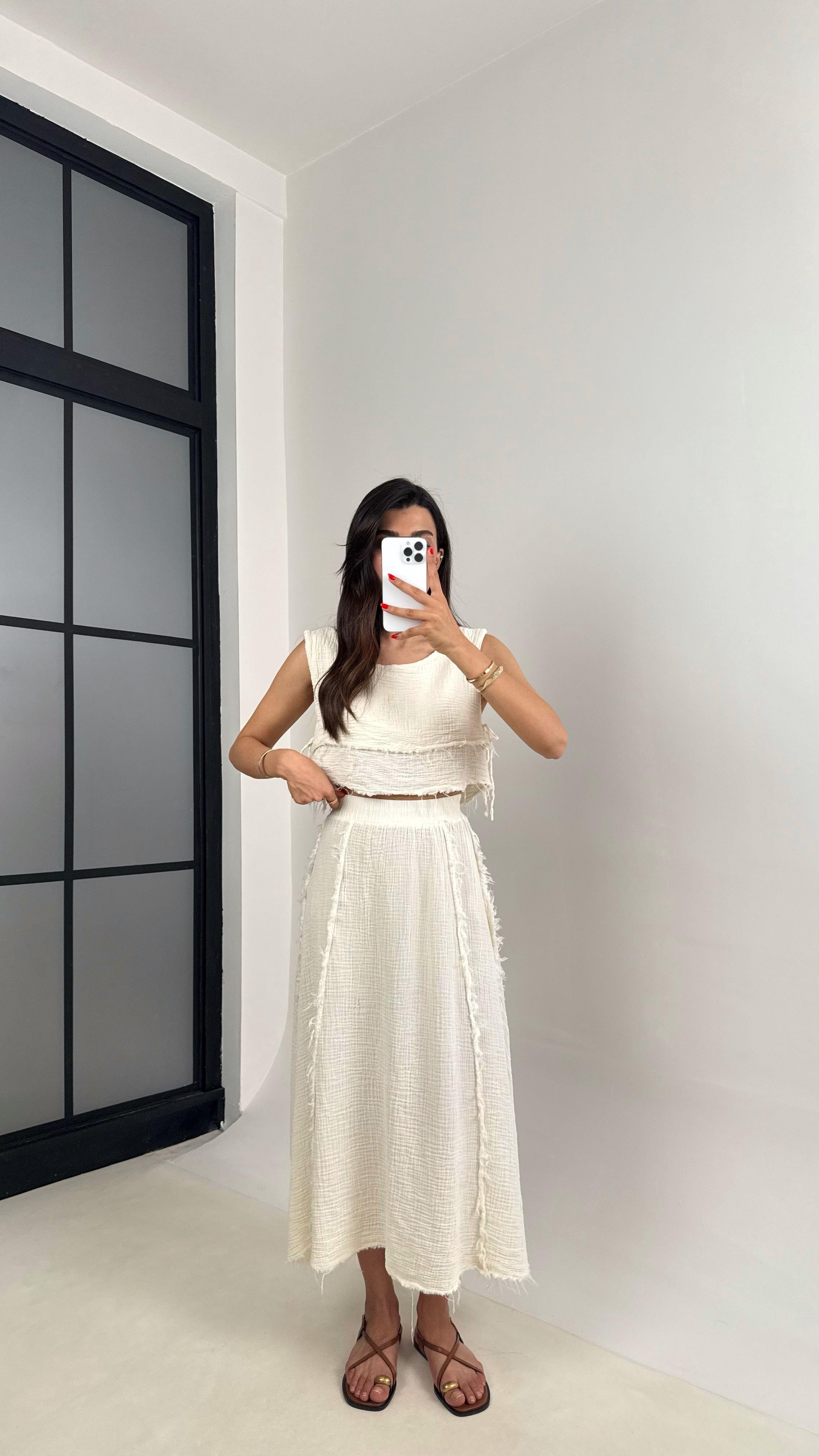 Ekru Püskül Detaylı Katlı Bluz Beli Lastikli Etek Müslin Takım Gaus00516GausTAKIMGU1002209