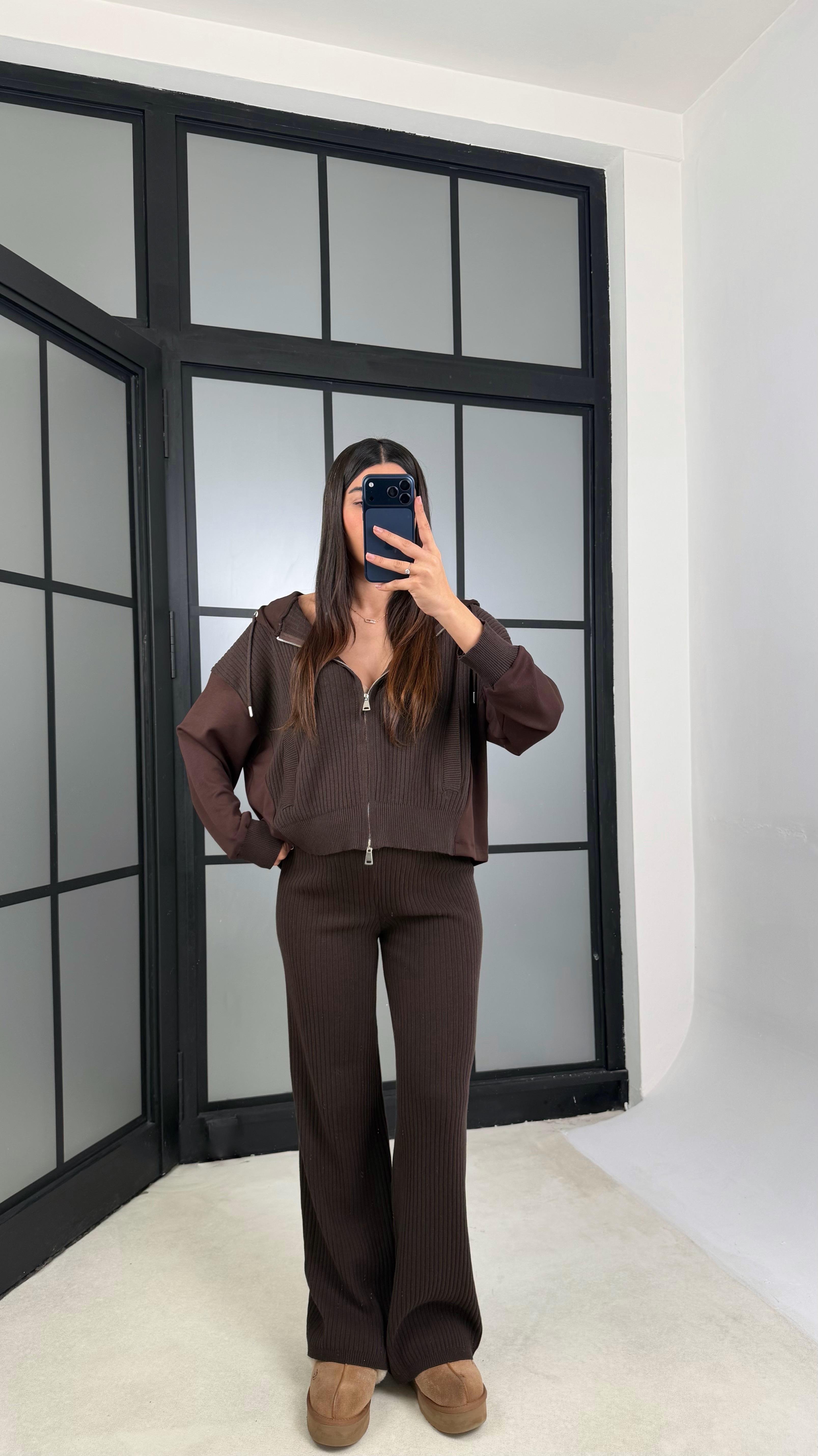 Acı Kahve Kapüşonlu Hırka Beli Lastikli Pantolon İkili Triko Takım GAUS-01184GAUSTAKIMGAUS-01184