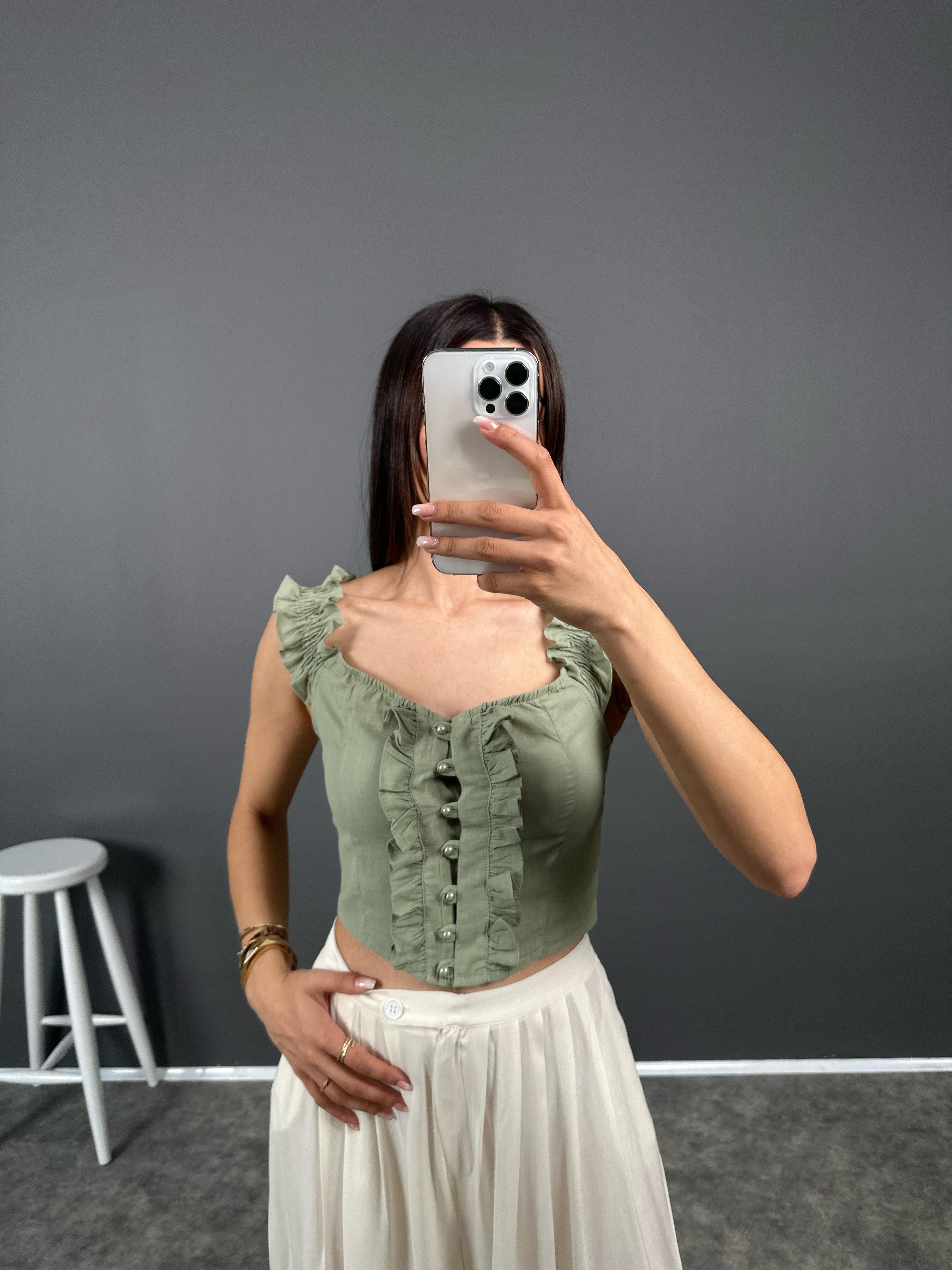 Varro Haki İnci Detaylı Crop