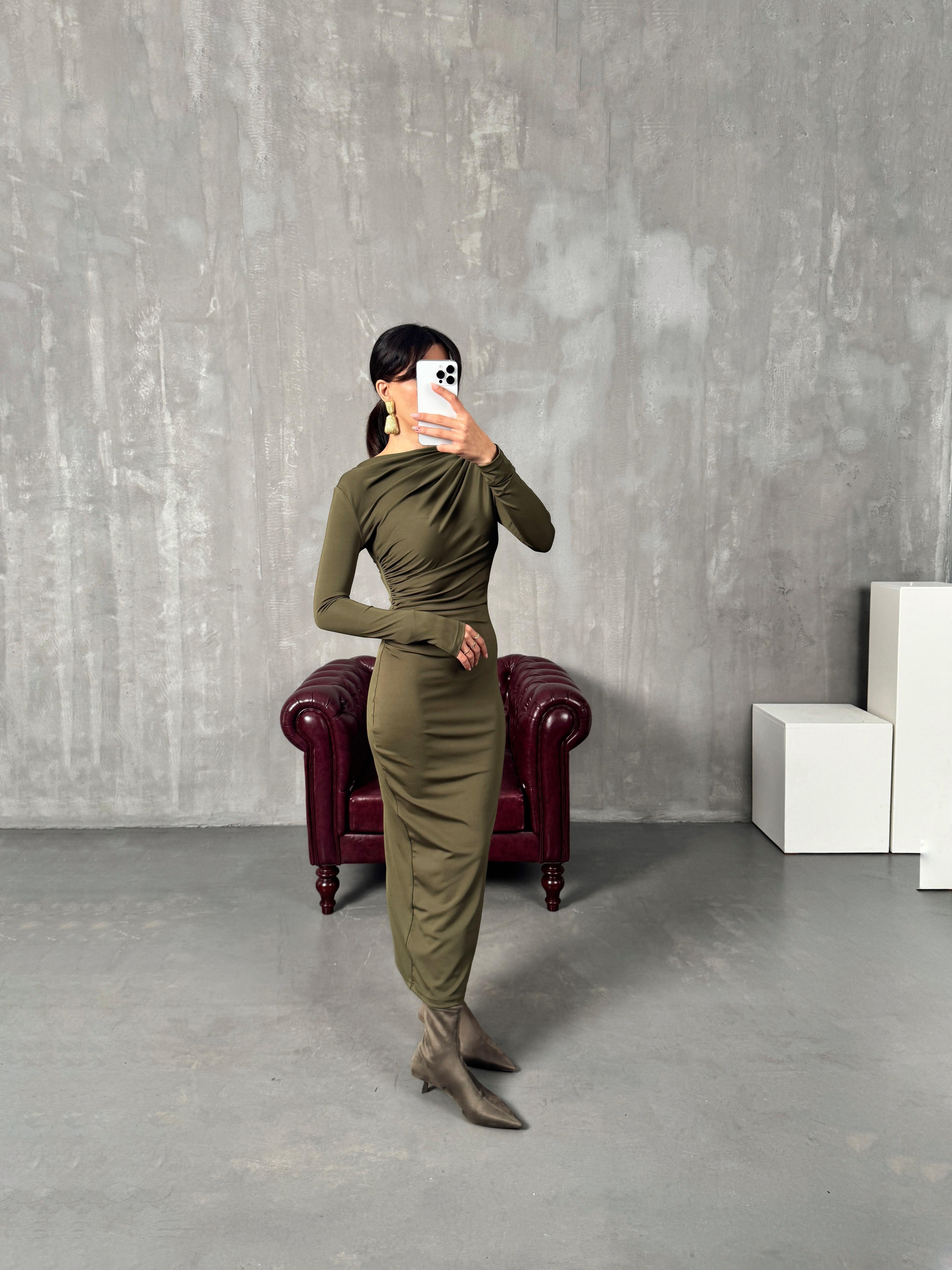 Lusi Haki Drapeli Tasarım ElbiseGausELBİSEGU00904115