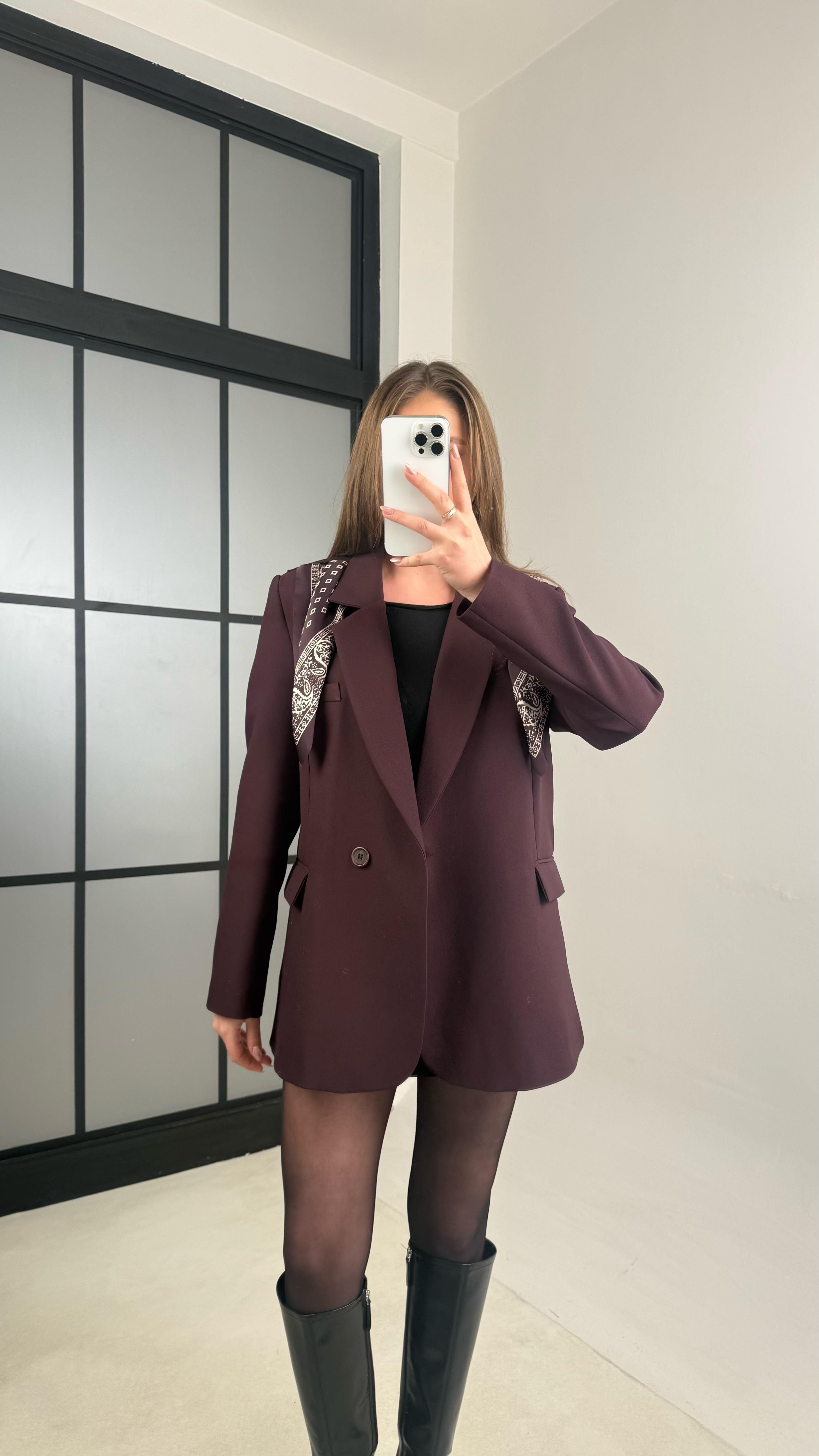 Mürdüm Astarlı Vatkalı Fular Detaylı Blazer Ceket GAUS-00976GAUSCEKETGAUS-00976