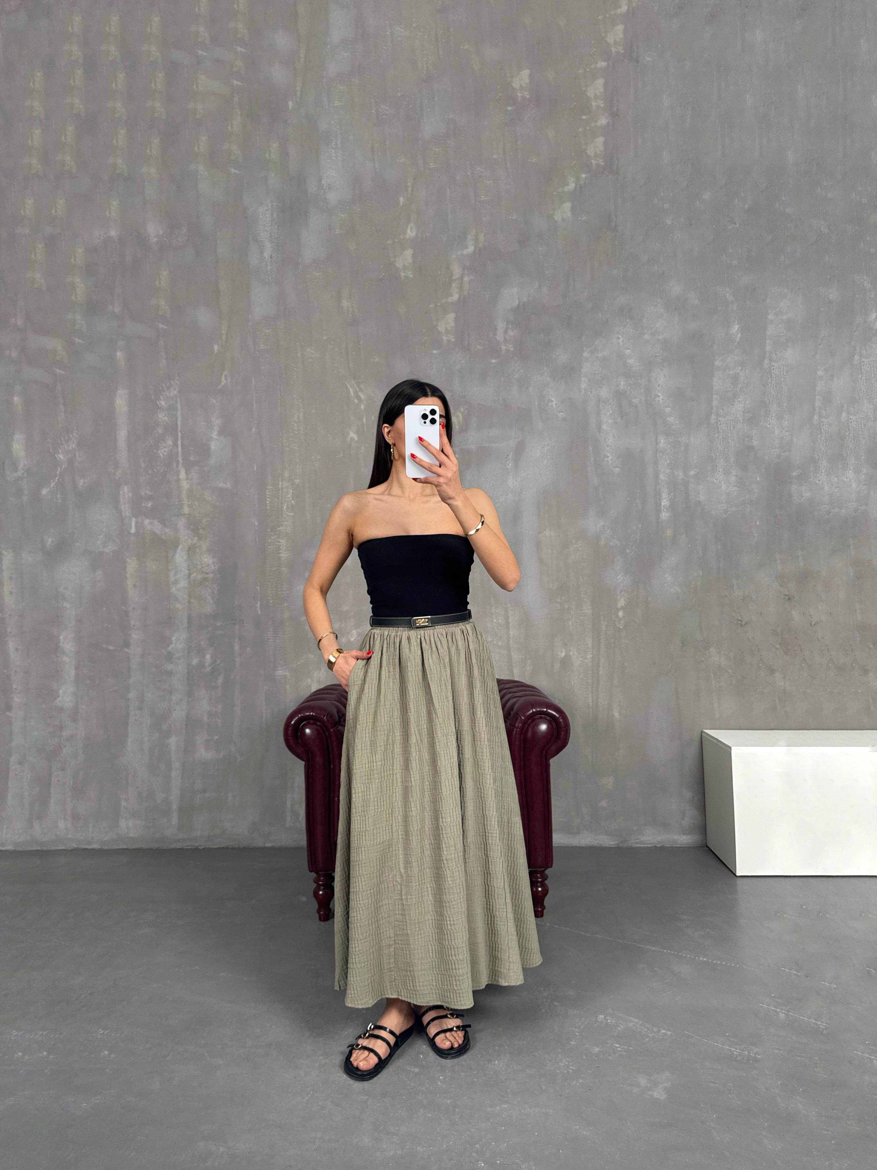 Haki Beli Lastikli Astarlı Büzgü Detaylı Etek Gaus00196GausETEKGU1001459