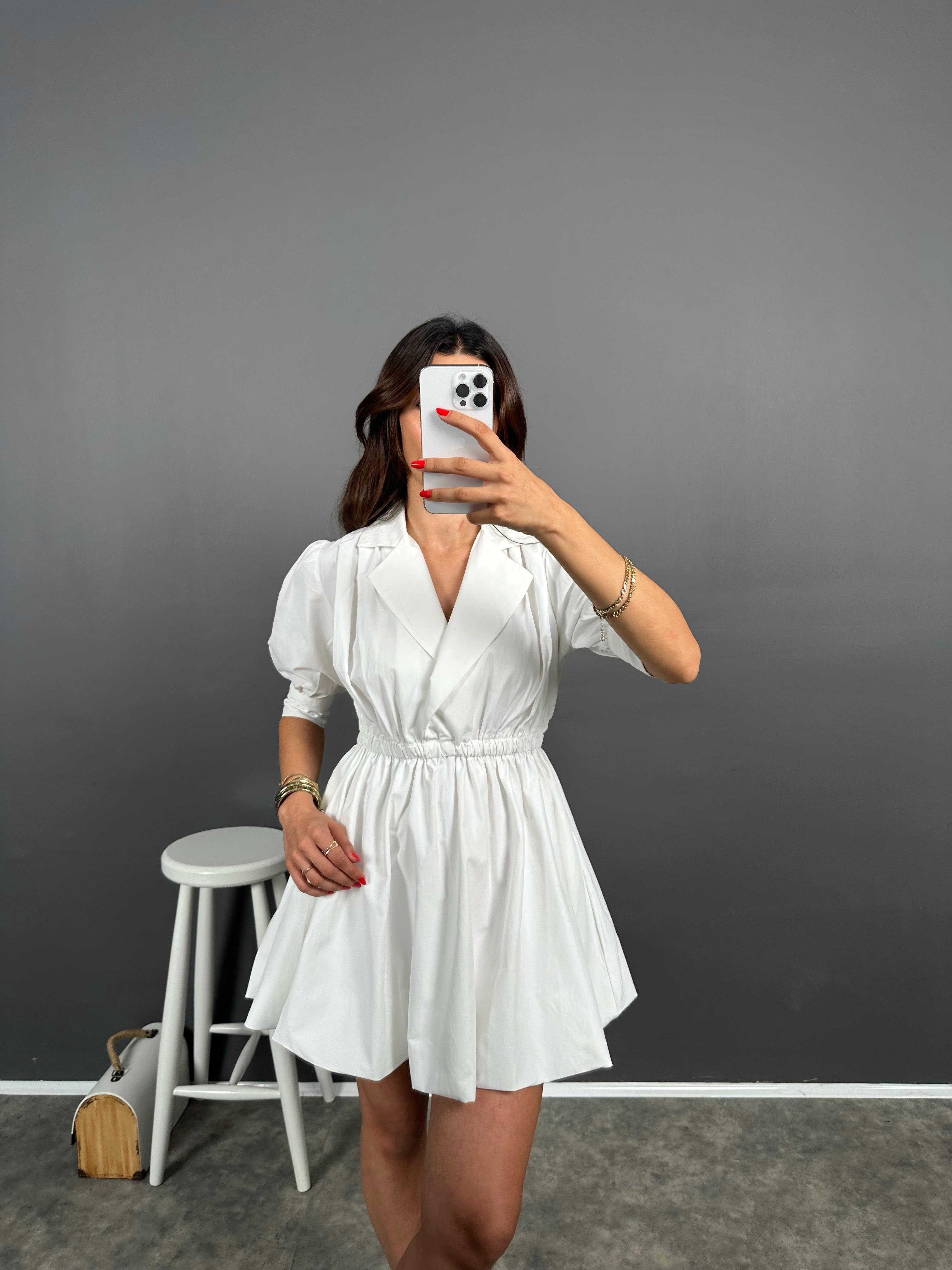 Loya Muadil Beyaz Belden Büzgülü Poplin Elbise