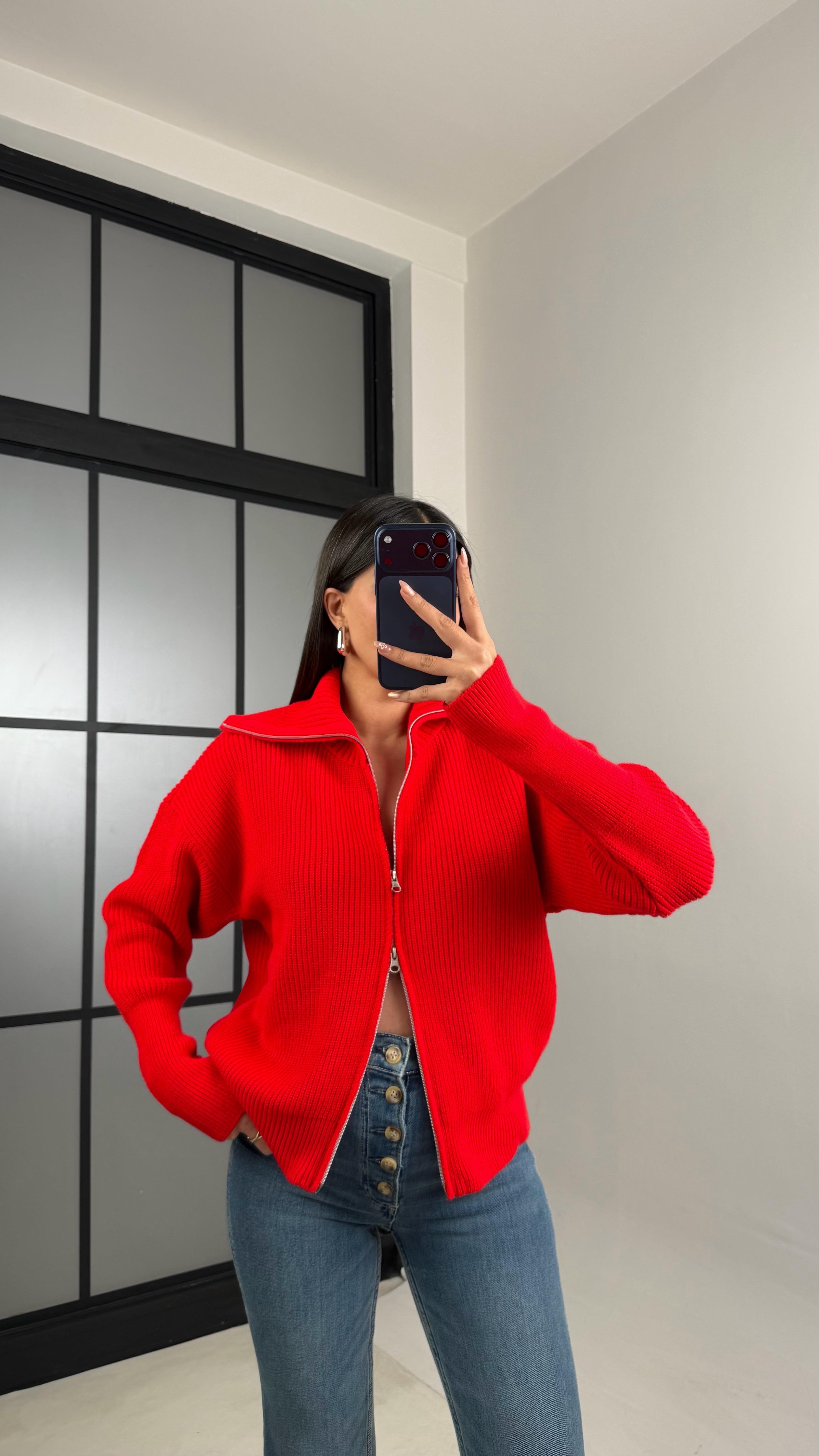 Nar Çiçeği Çift Fermuarlı Triko Kazak GAUS-00858GAUSKAZAKGAUS-00858