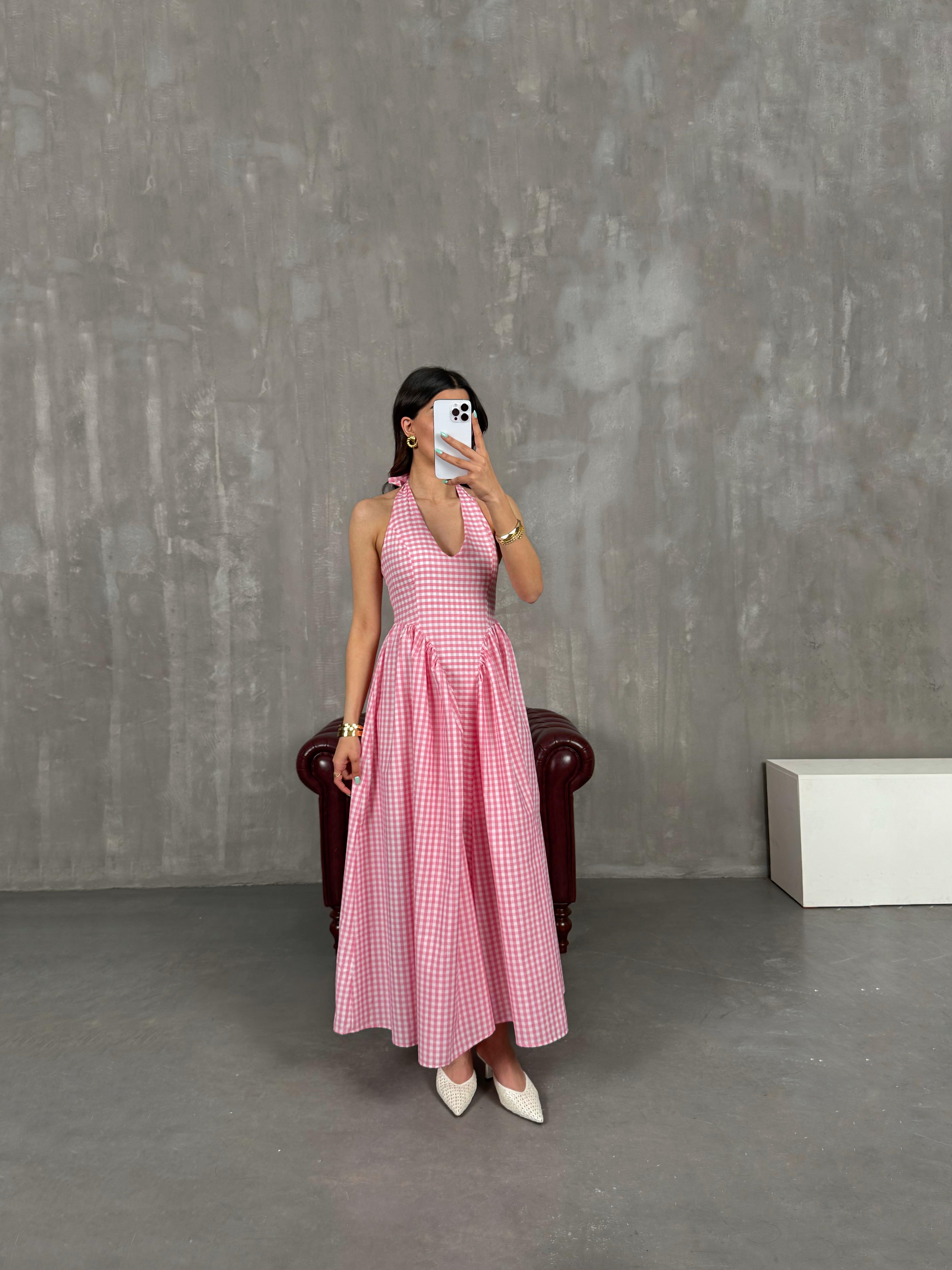 Pembe Boyundan Bağlamalı Yarım Astarlı Pötikare Elbise Gaus00235GausELBİSEGU1001542