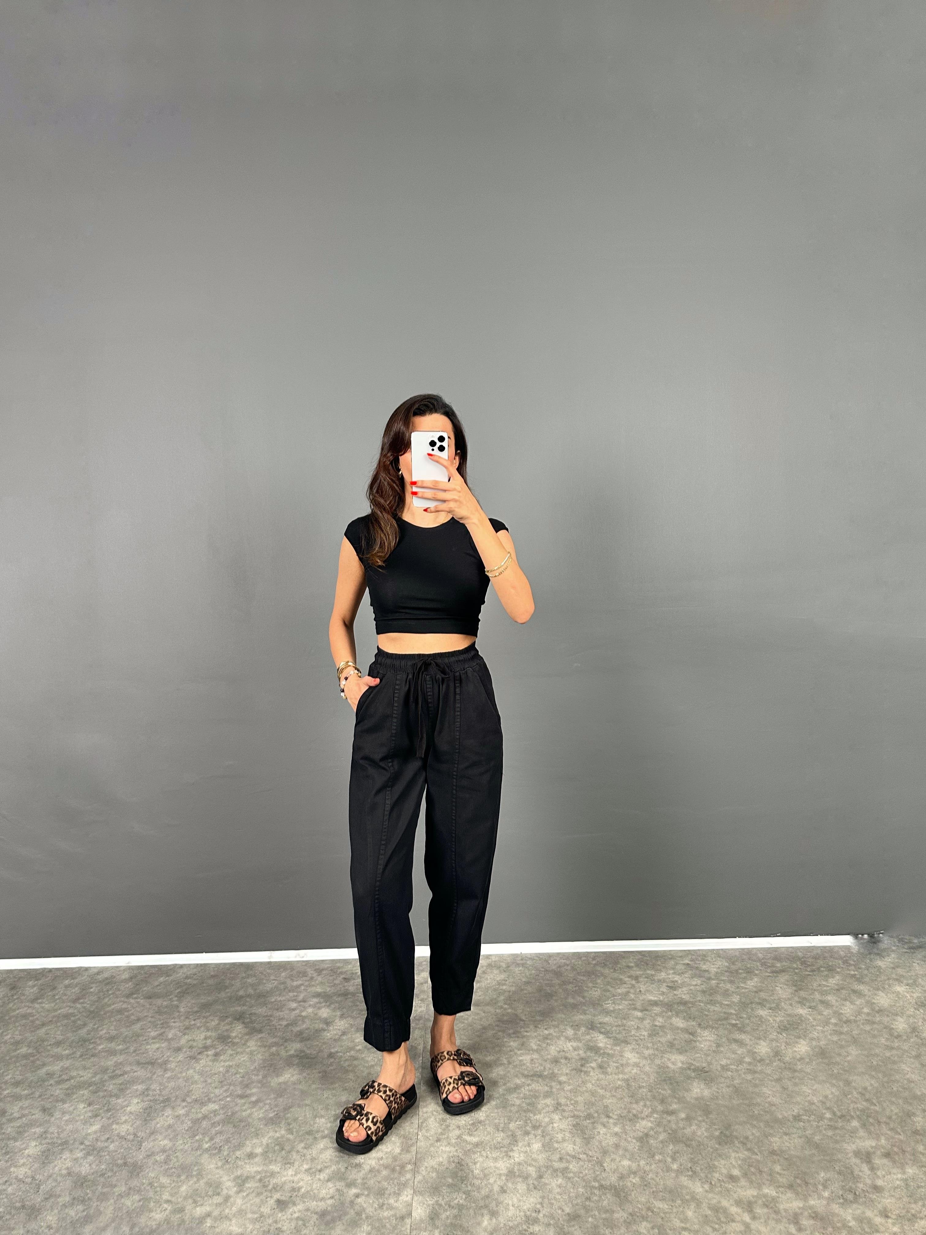 Rian Siyah Beli Lastikli Cepli Gabardin Pantolon