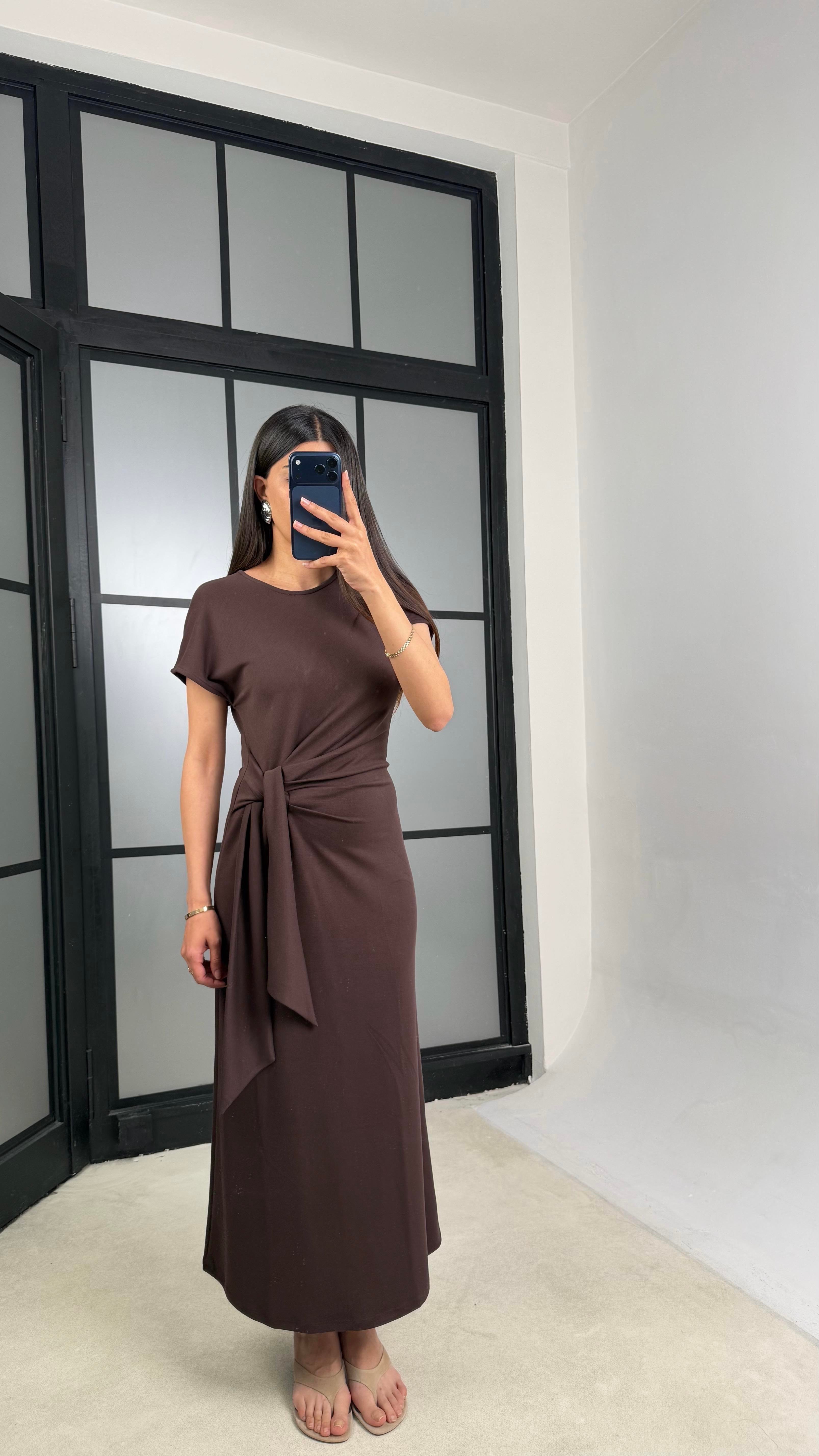 Acı Kahve Bağlama Detaylı Modal Kumaş Elbise GAUS-01453GAUSELBİSEGAUS-01453