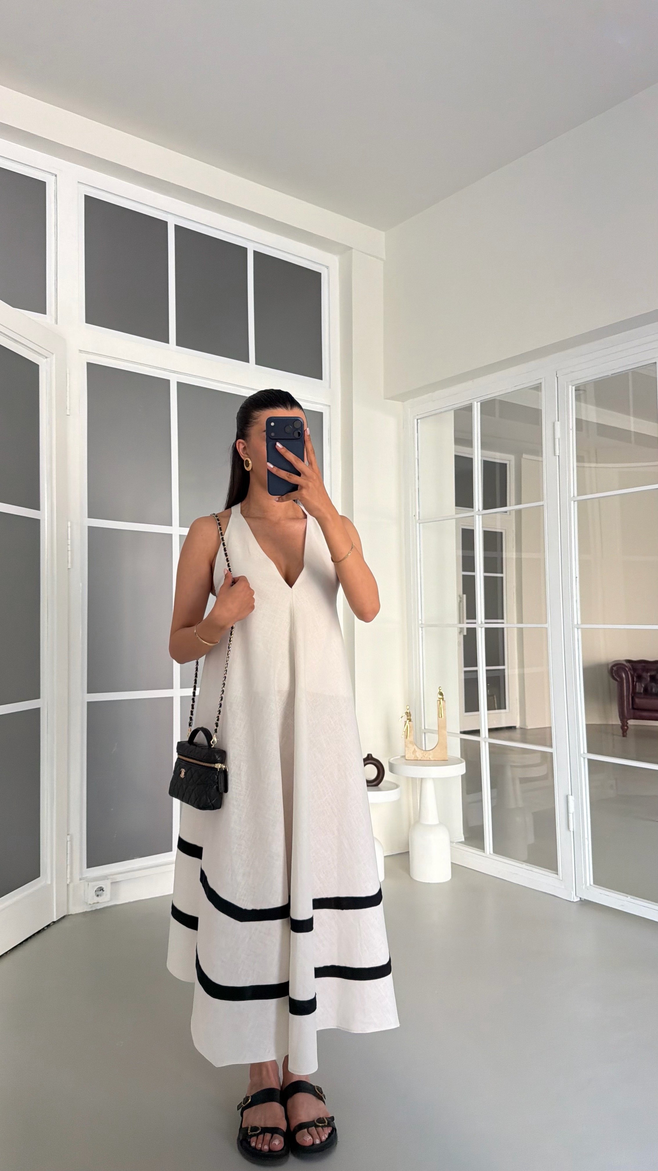 Beyaz Şerit Detaylı Premium Keten Elbise GAUS-01766GAUSELBİSEGAUS-01766