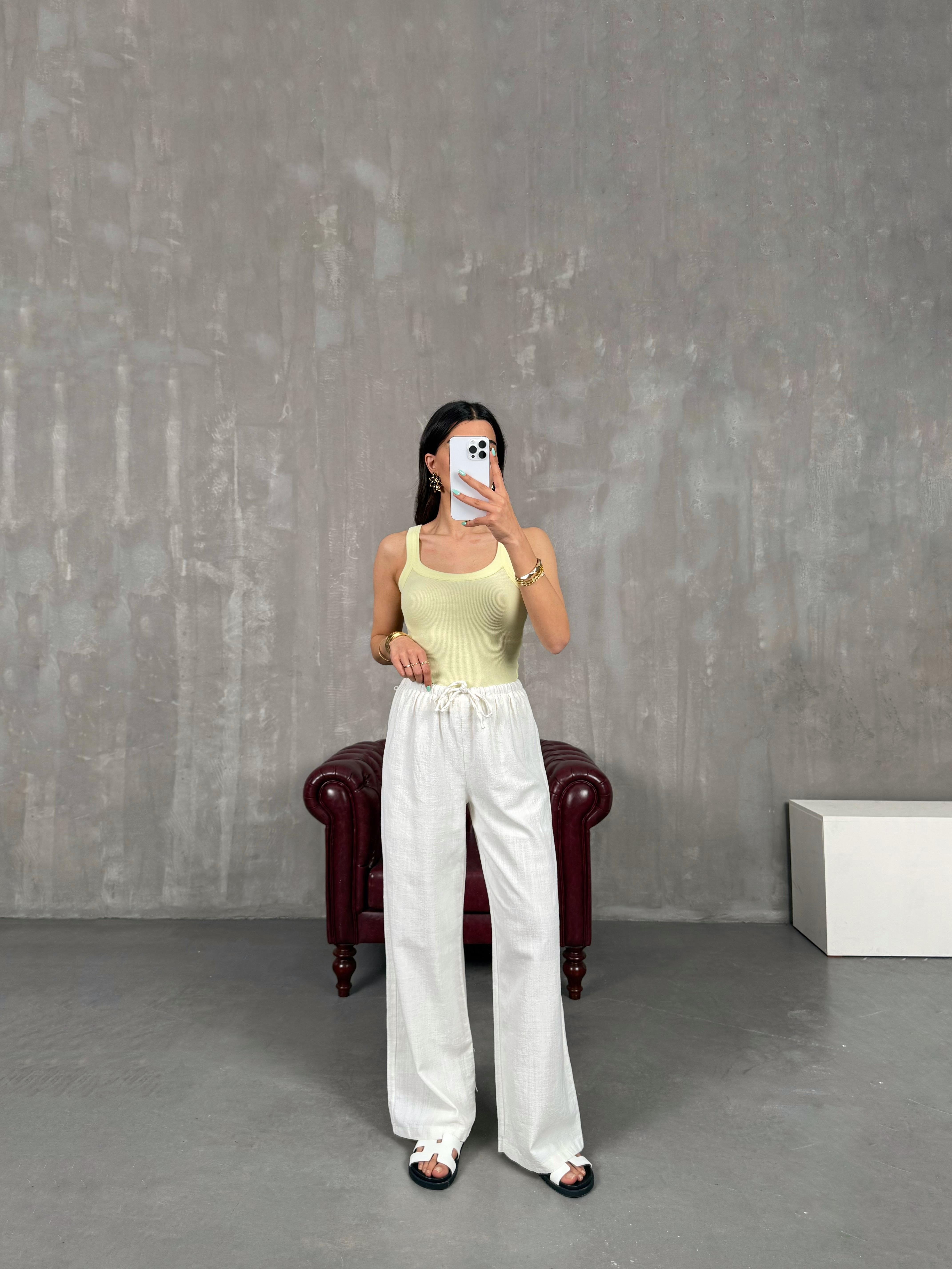 Beyaz Beli Lastikli Keten Pantolon Gaus00237GausPANTOLONGU1001548