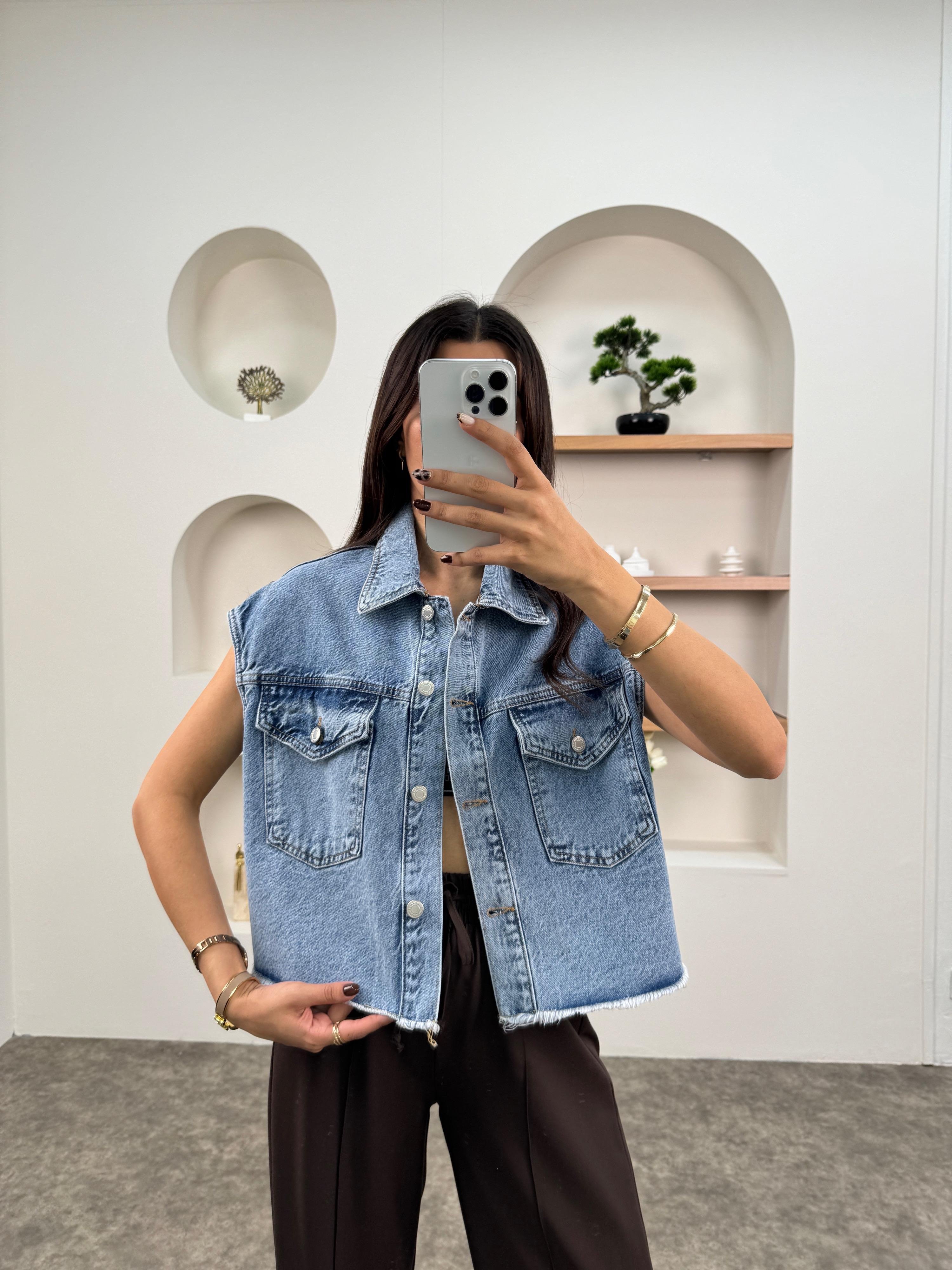 Veslin Mavi Kot Düğmeli Yelek Ceket