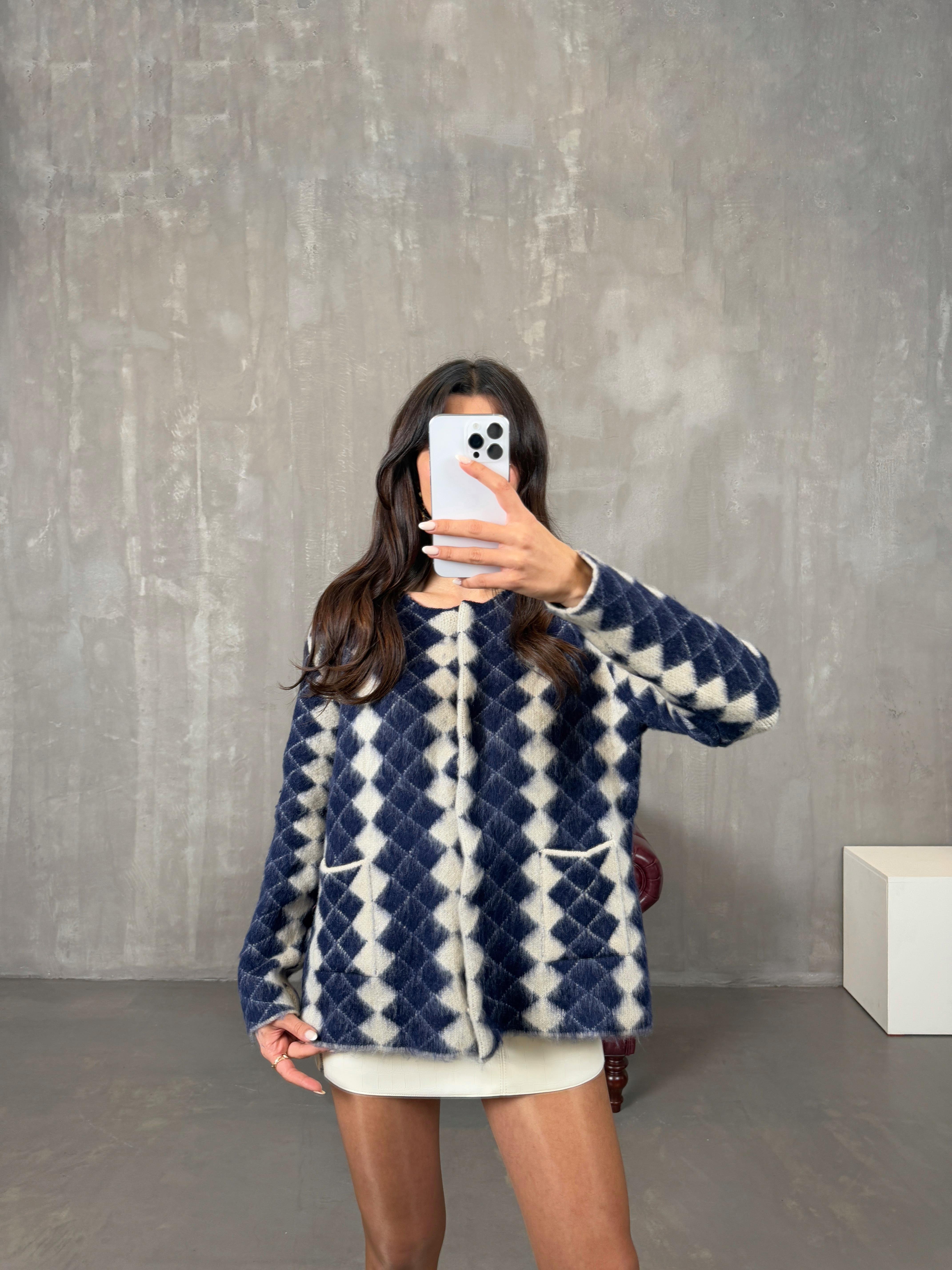 Lacivert Baklava Desenli MD Çıtçıt Düğmeli Sakallı Hırka