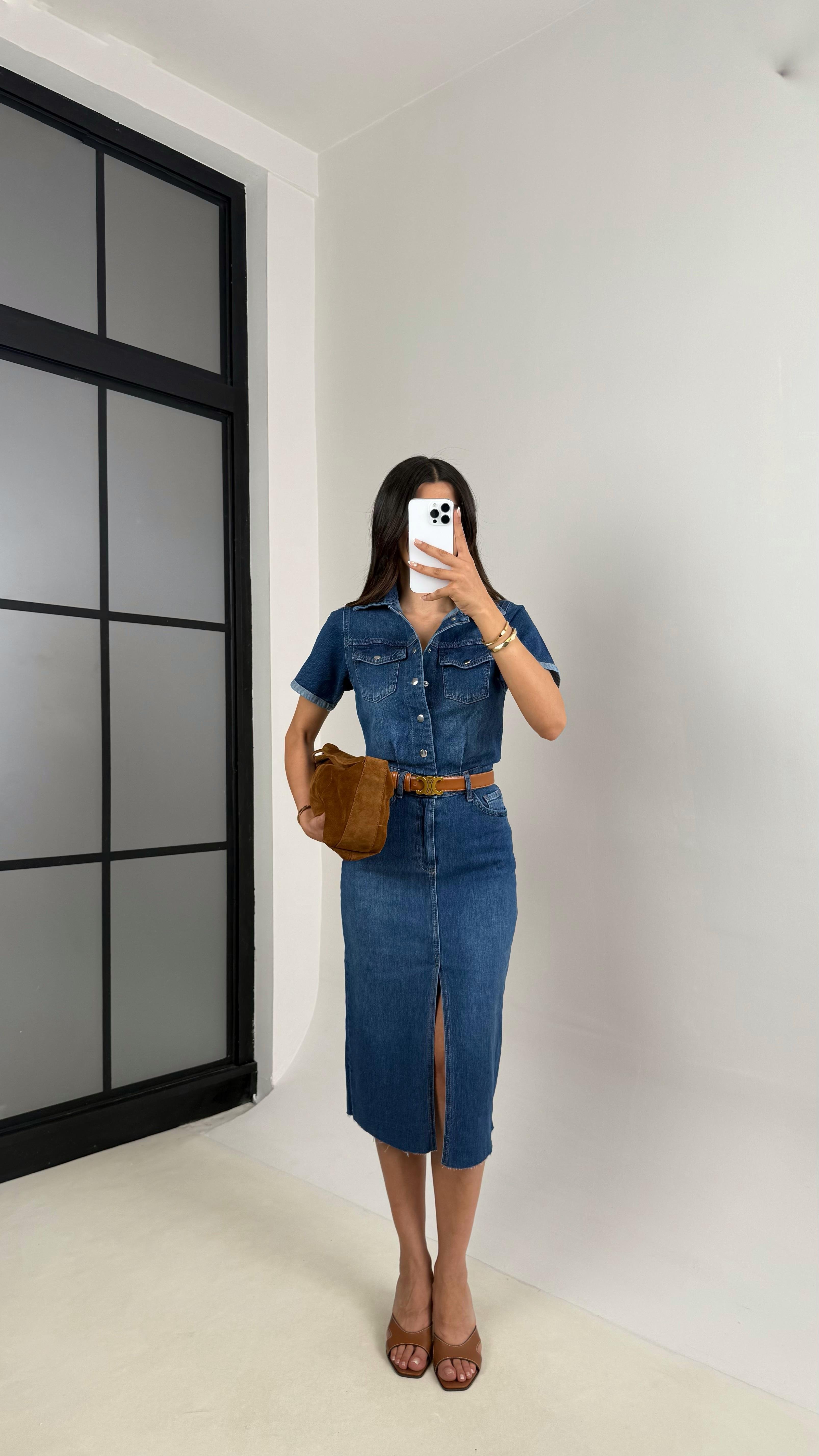 Mavi Yırtmaçlı Ön Düğmeli Cep Detaylı Denim Elbise Gaus00536GausELBİSEGU1002250