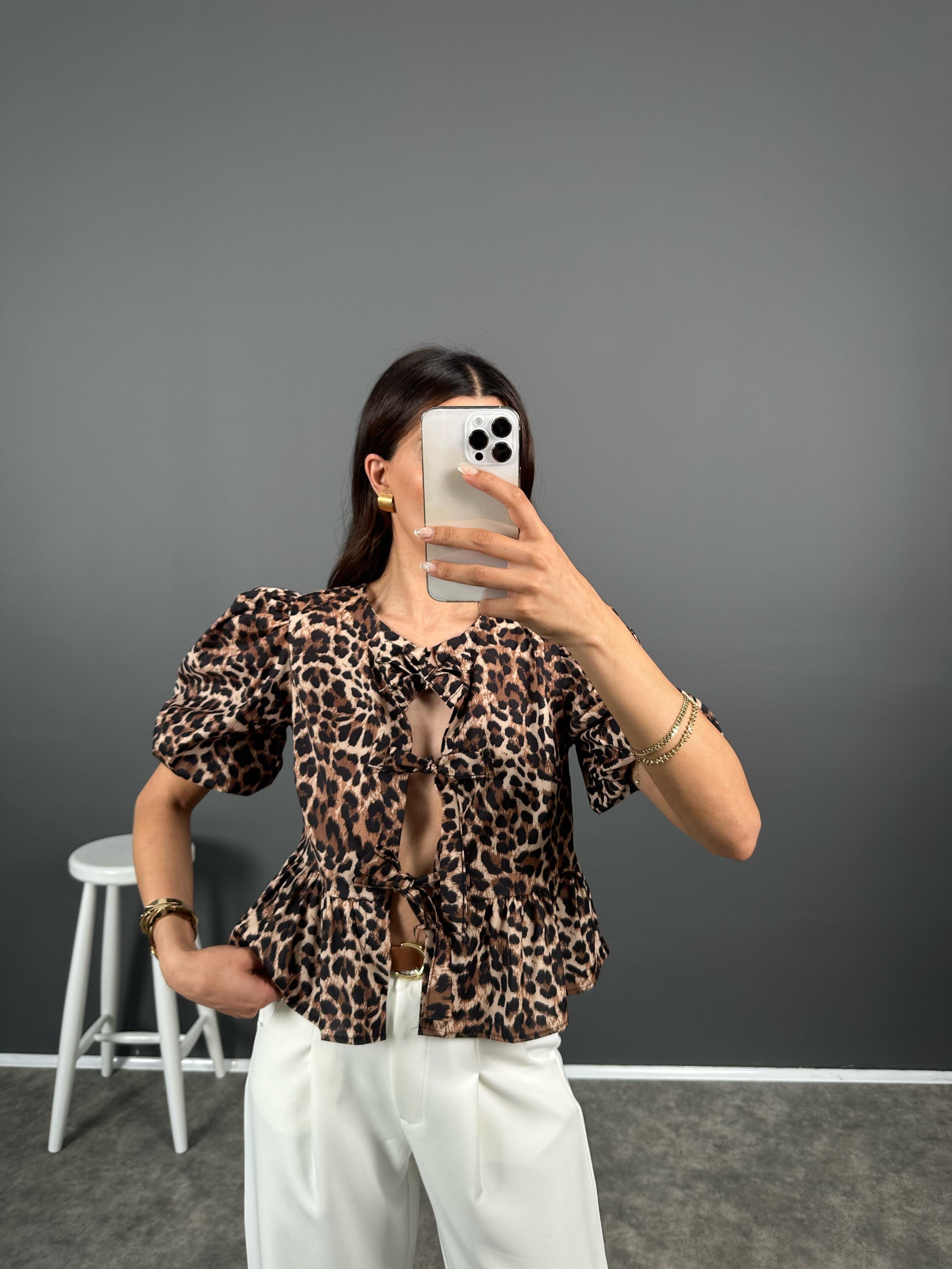 Leoparlı Bağlamalı Balon Kol Gömlek GausGÖMLEKGU008339