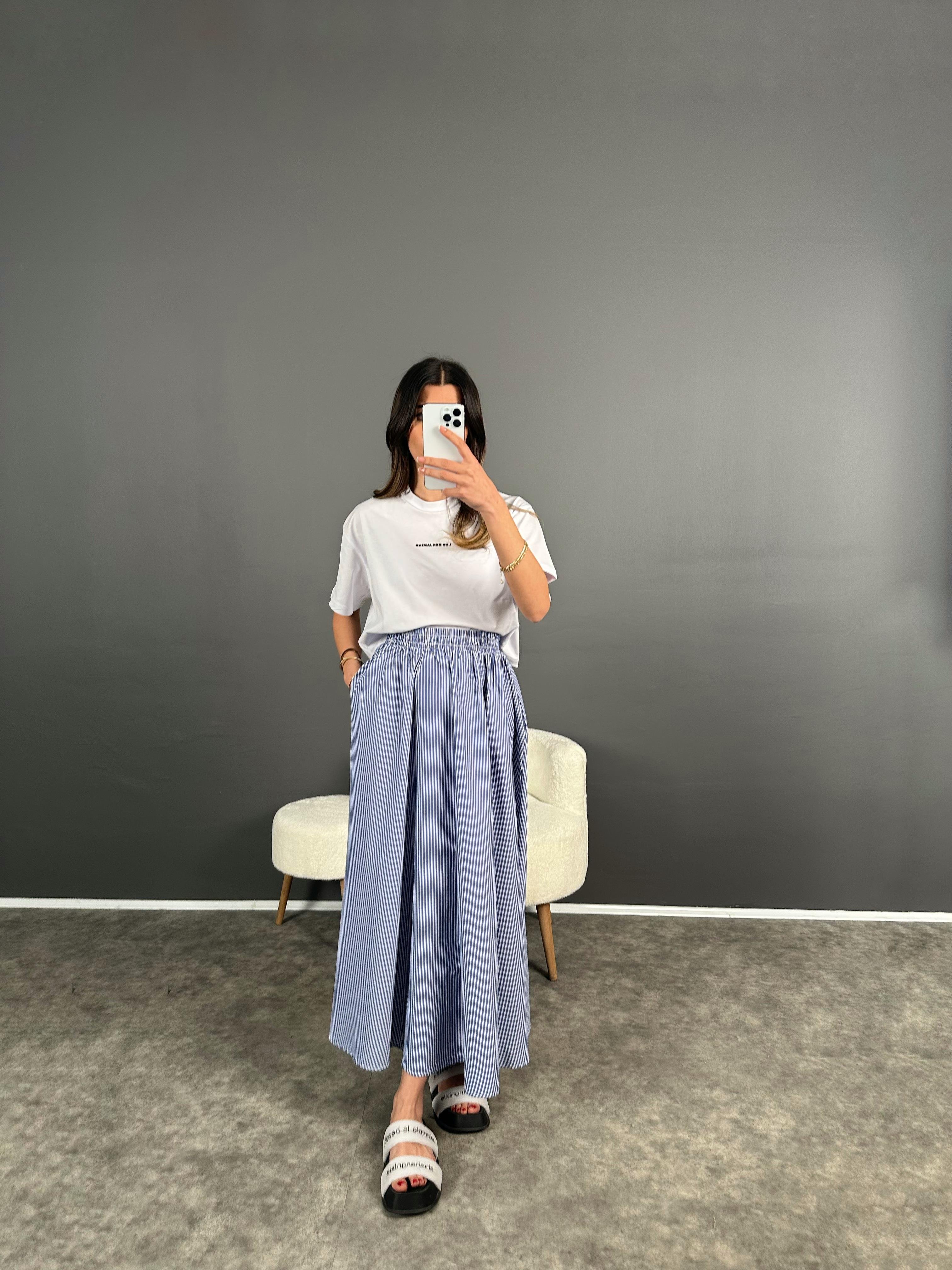 Mavi Çizgili Cepli Uzun Etek 