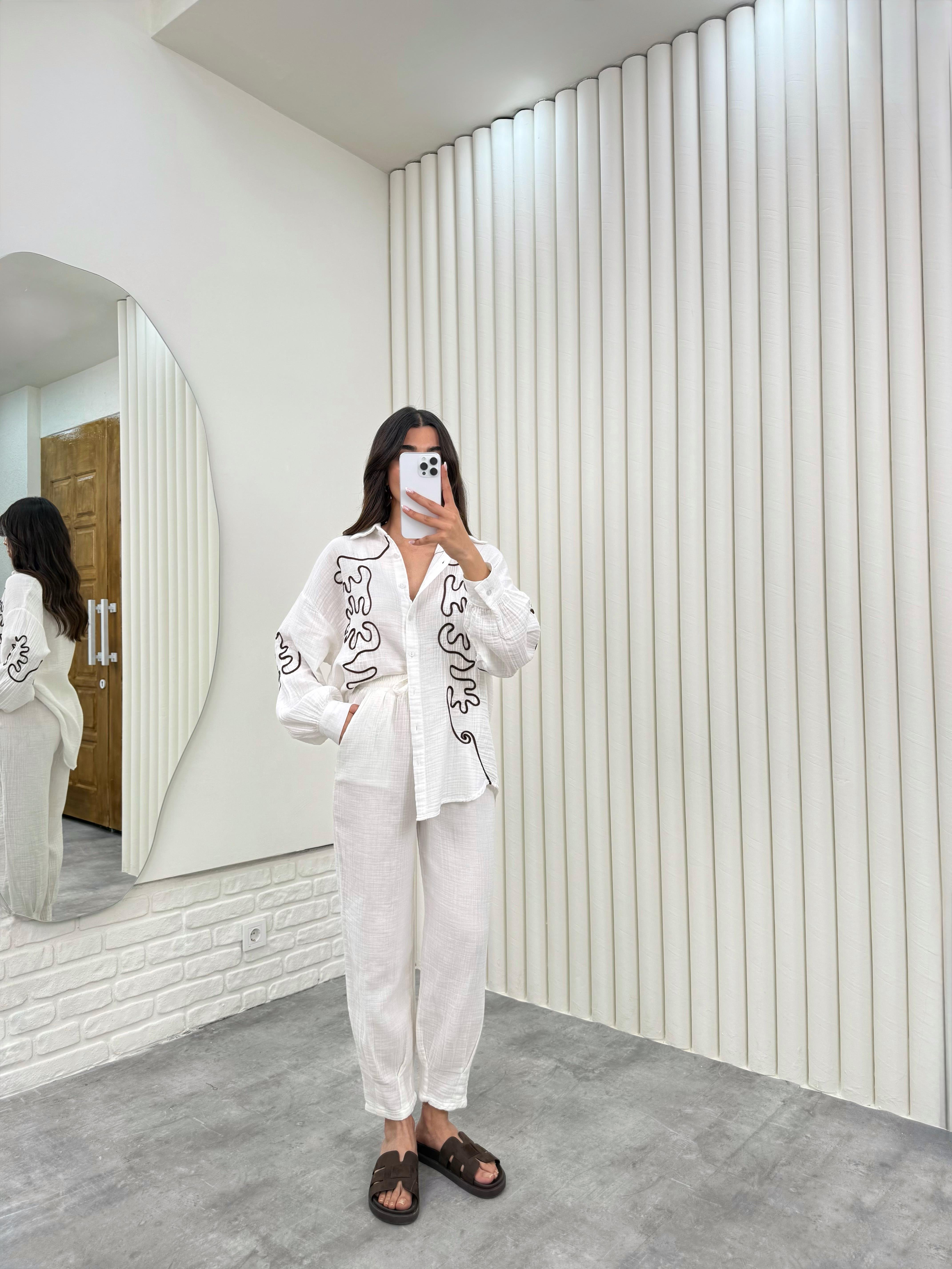 Beyaz Kahve İşlemeli Gömlek Beli Lastikli Pantolon Müslin İkili Takım Gaus00293GausTAKIMGU1001678