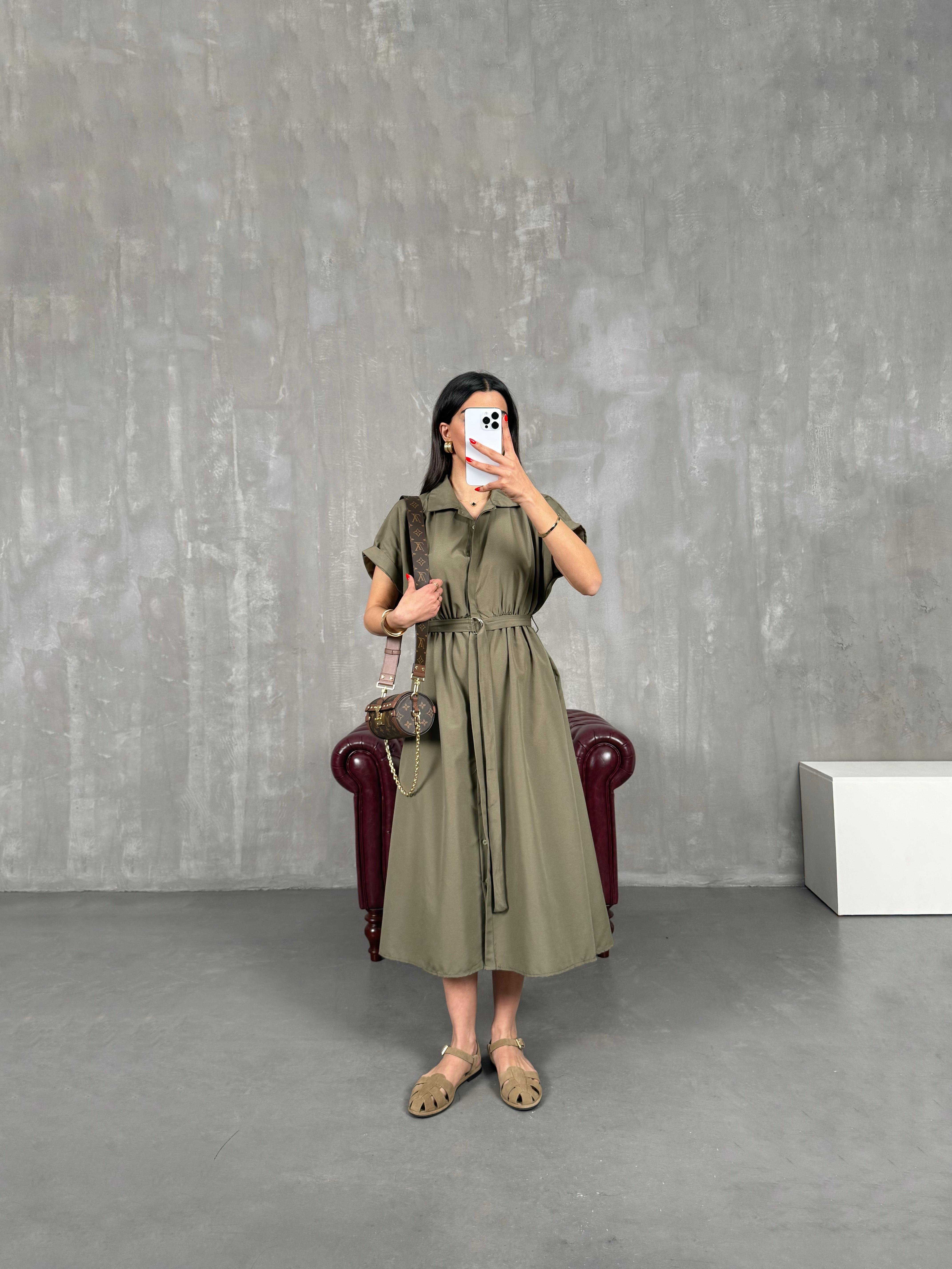 Haki Ön Düğmeli Kuşaklı Beli Lastikli Gömlek Yaka Elbise Gaus00178GausDressesGU1001417