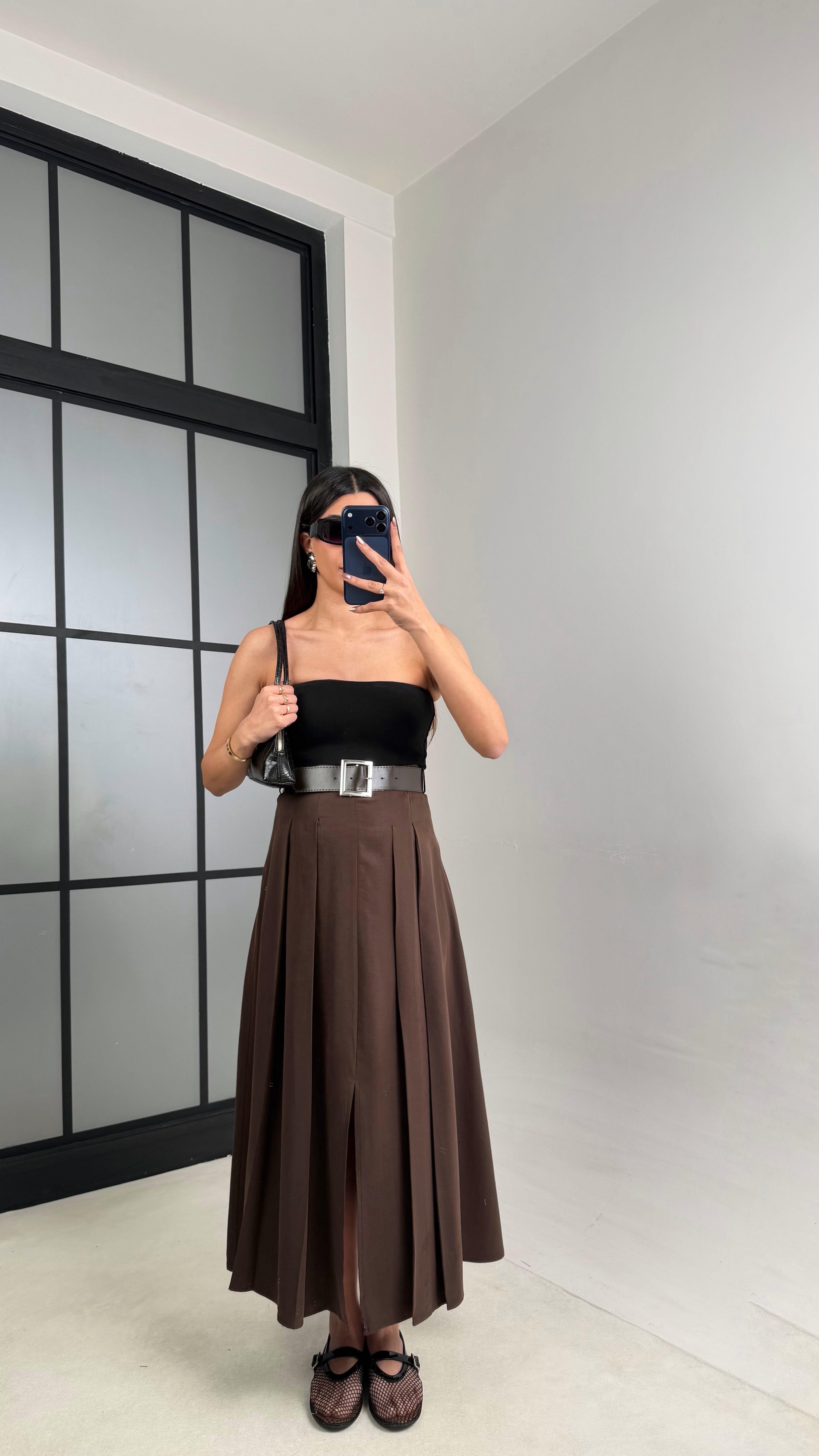 Acı Kahve Deri Kemerli Yırtmaçlı Tencel Etek GAUS-01088GAUSSkirtGAUS-01088