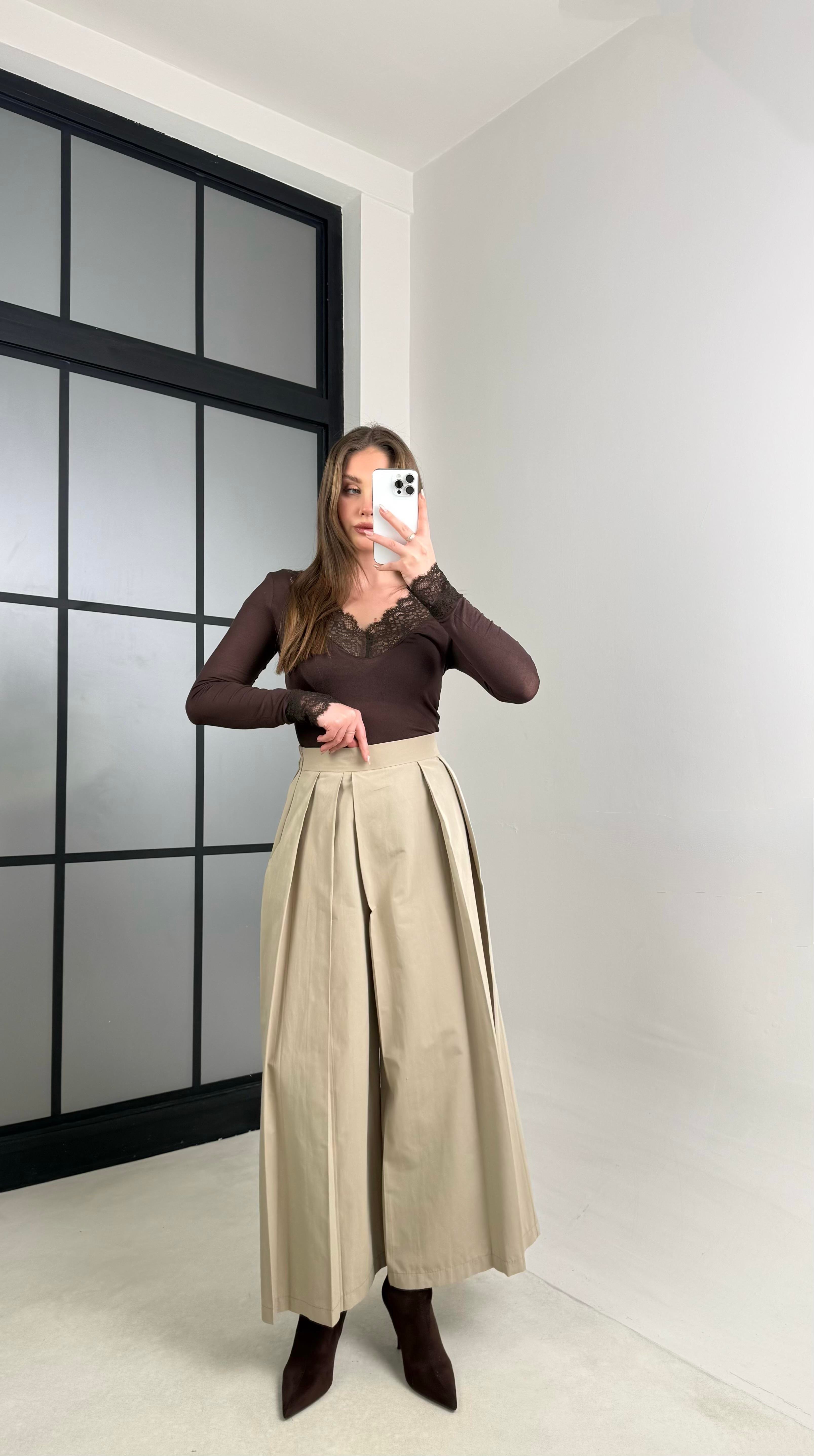 Haki Beli Lastikli Tasarım Etek Pantolon GAUS-00994GAUSPANTOLONGAUS-00994