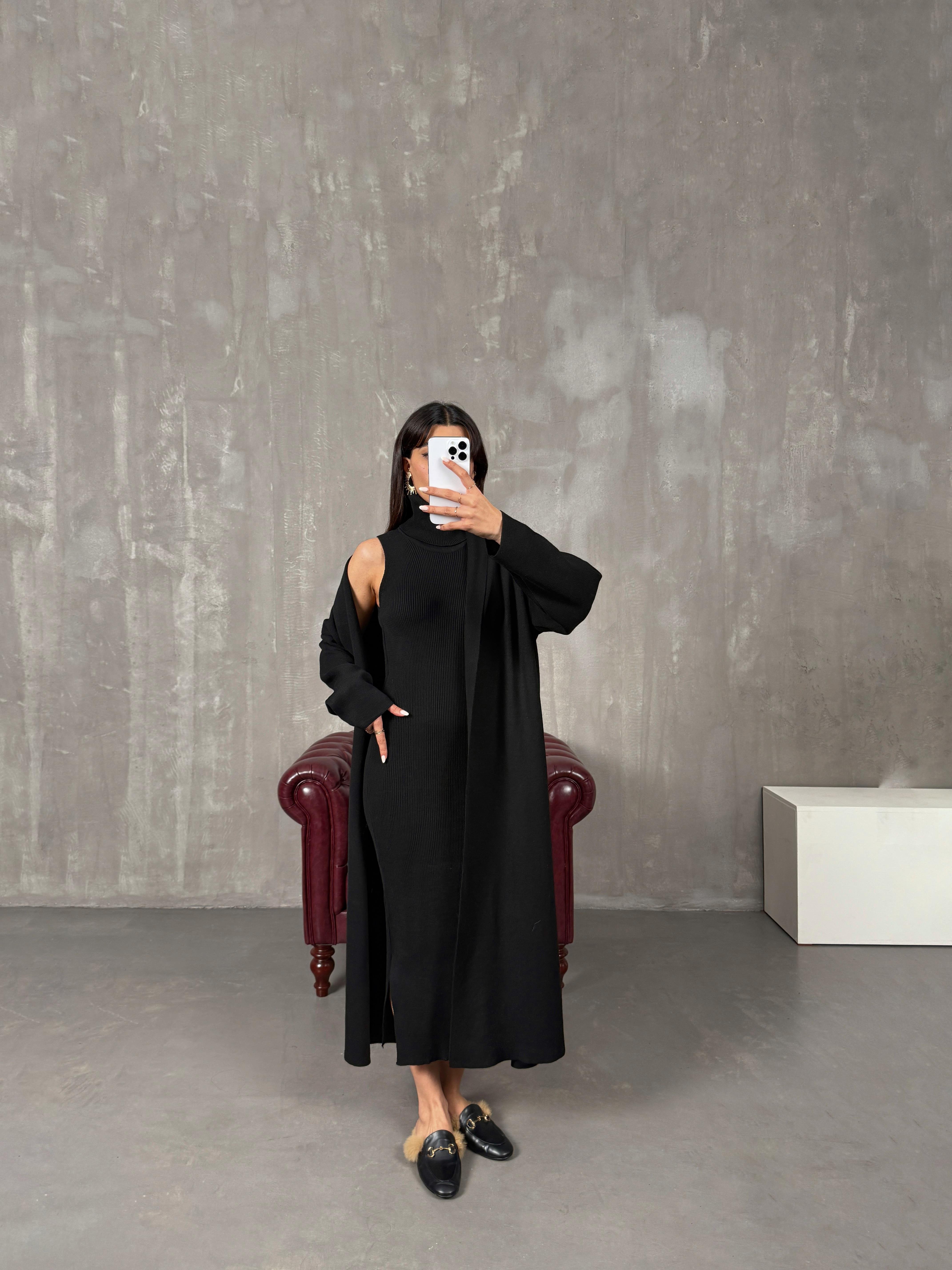 Sores Siyah Balıkçı Yaka Yandan Yırtmaçlı Elbise Triko Hırka İkili Takım