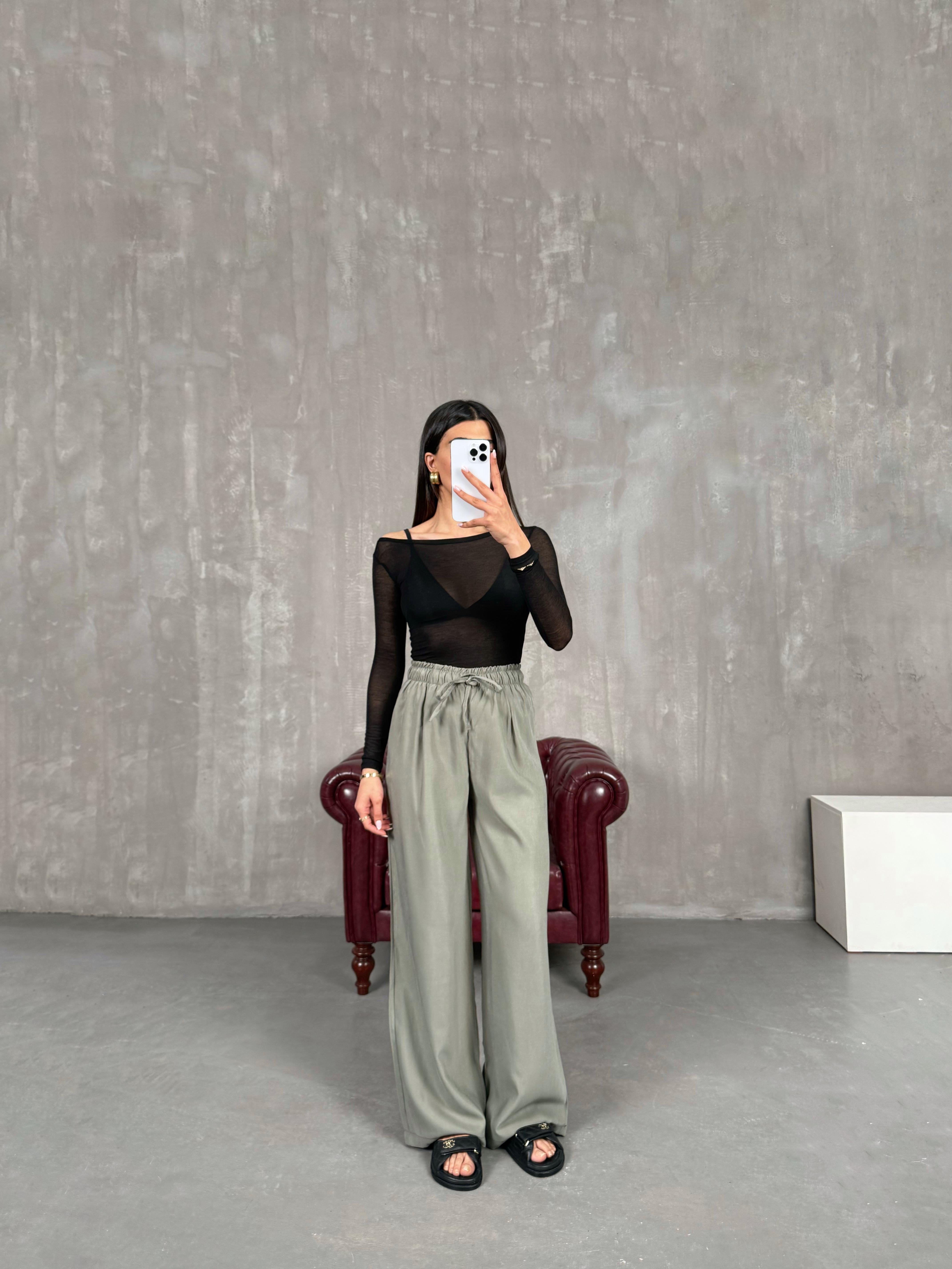 Haki Yüksek Bel İthal Kumaş Pantolon Gaus00271GausPANTOLONGU1001624