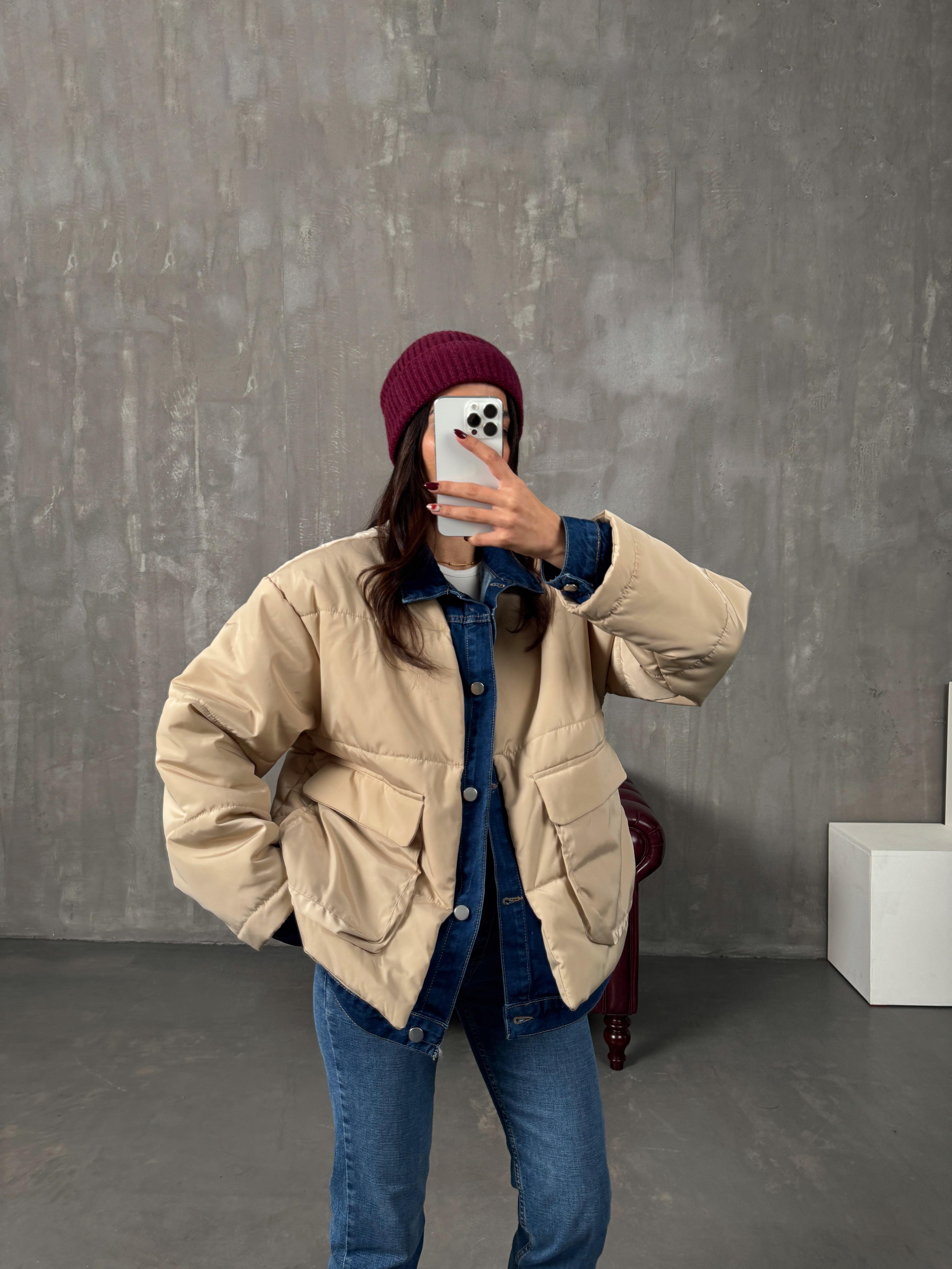 Jovi Taş Denim Detaylı Astarlı Tasarım Şişme Mont