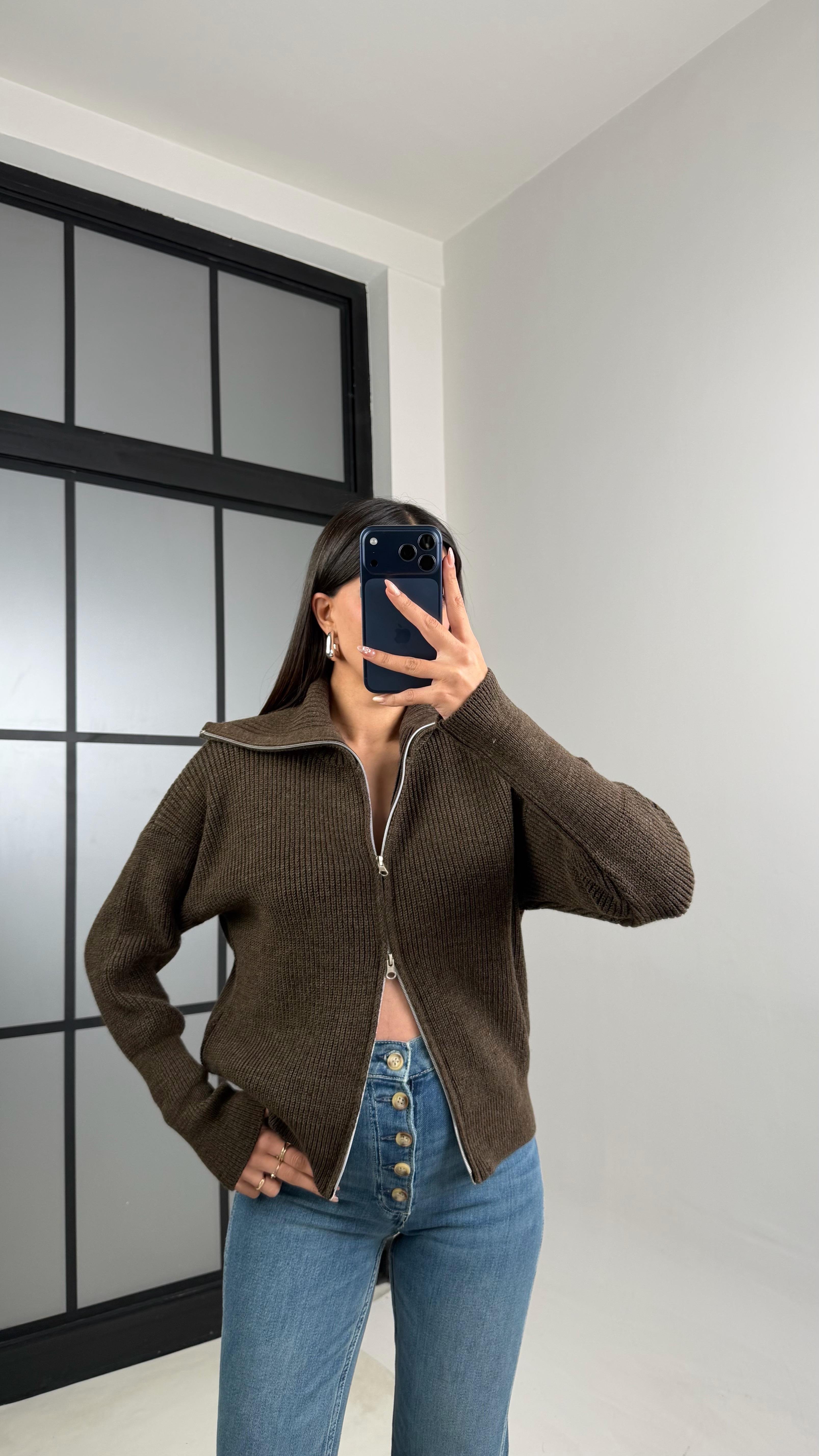 Acı Kahve Çift Fermuarlı Triko Kazak GAUS-00858GAUSKAZAKGAUS-00858